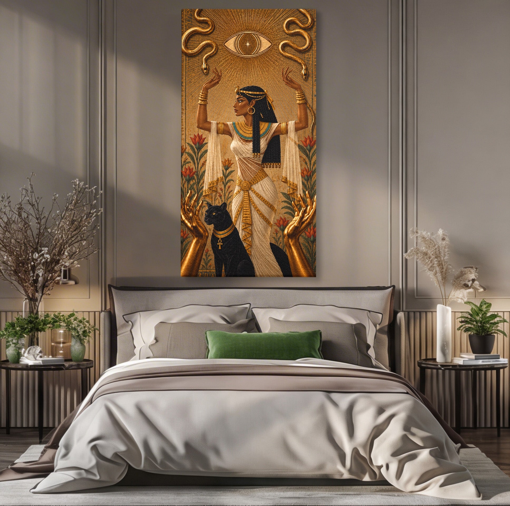 Tablou Canvas Premium LuxCanva® T1051, Zeita Egipteana, Egipt, Mitologie, Zeita, Pantera, Living, Culori Vibrante