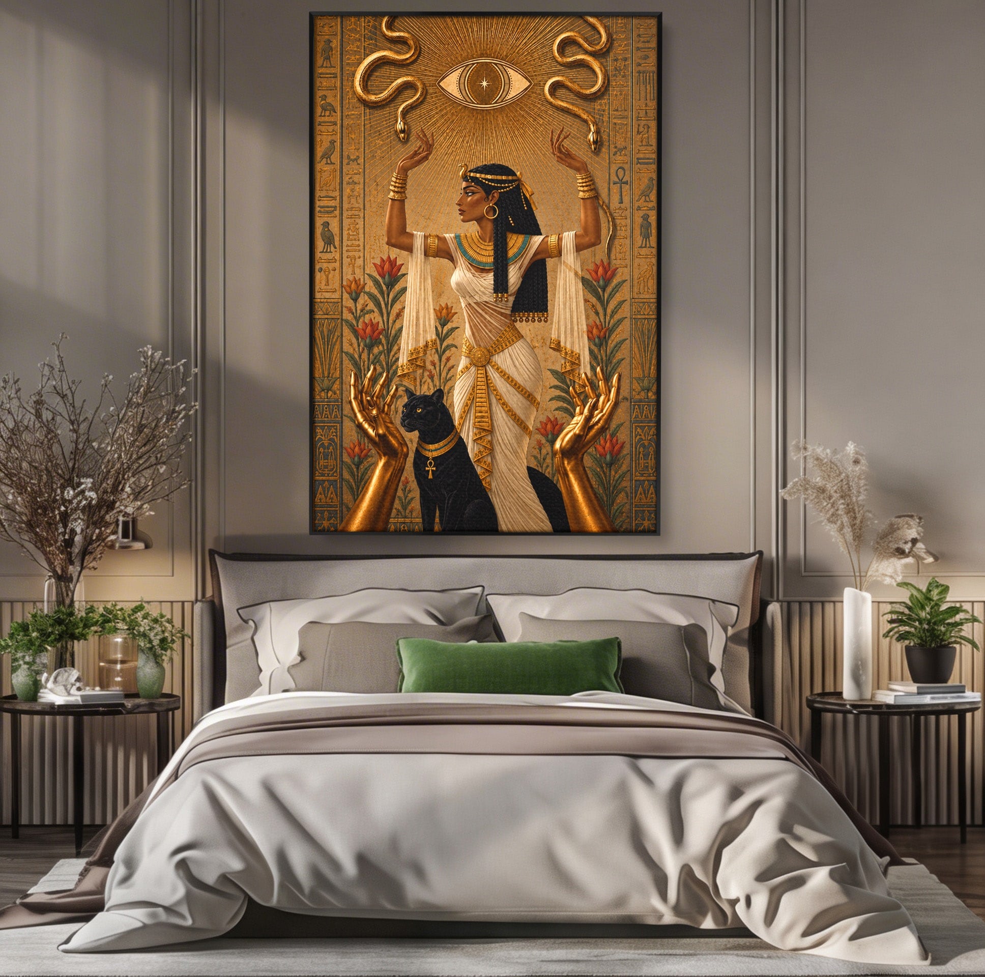 Tablou Canvas Premium LuxCanva® T1051, Zeita Egipteana, Egipt, Mitologie, Zeita, Pantera, Living, Culori Vibrante