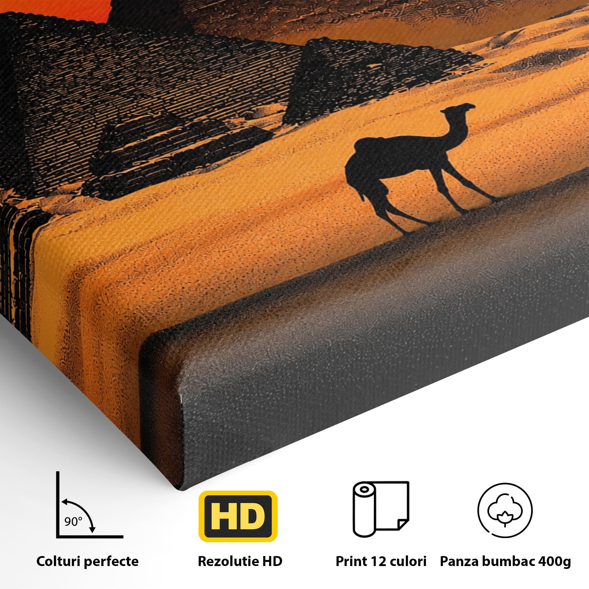 Tablou Canvas Premium LuxCanva® T1053, Apus Peste Piramide, Piramide, Apus, Desert, Camel, Living, Culori Vibrante