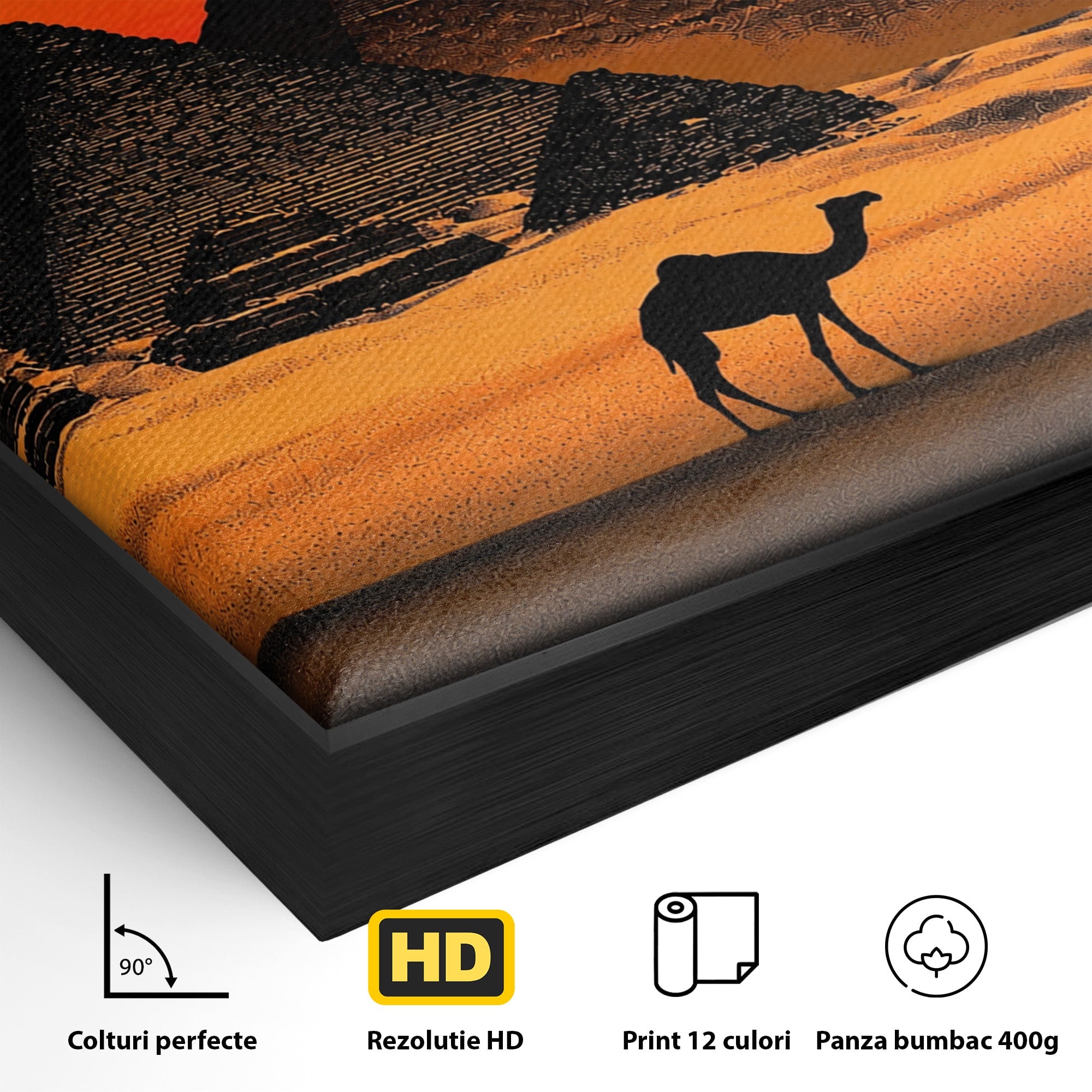 Tablou Canvas Premium LuxCanva® T1053, Apus Peste Piramide, Piramide, Apus, Desert, Camel, Living, Culori Vibrante