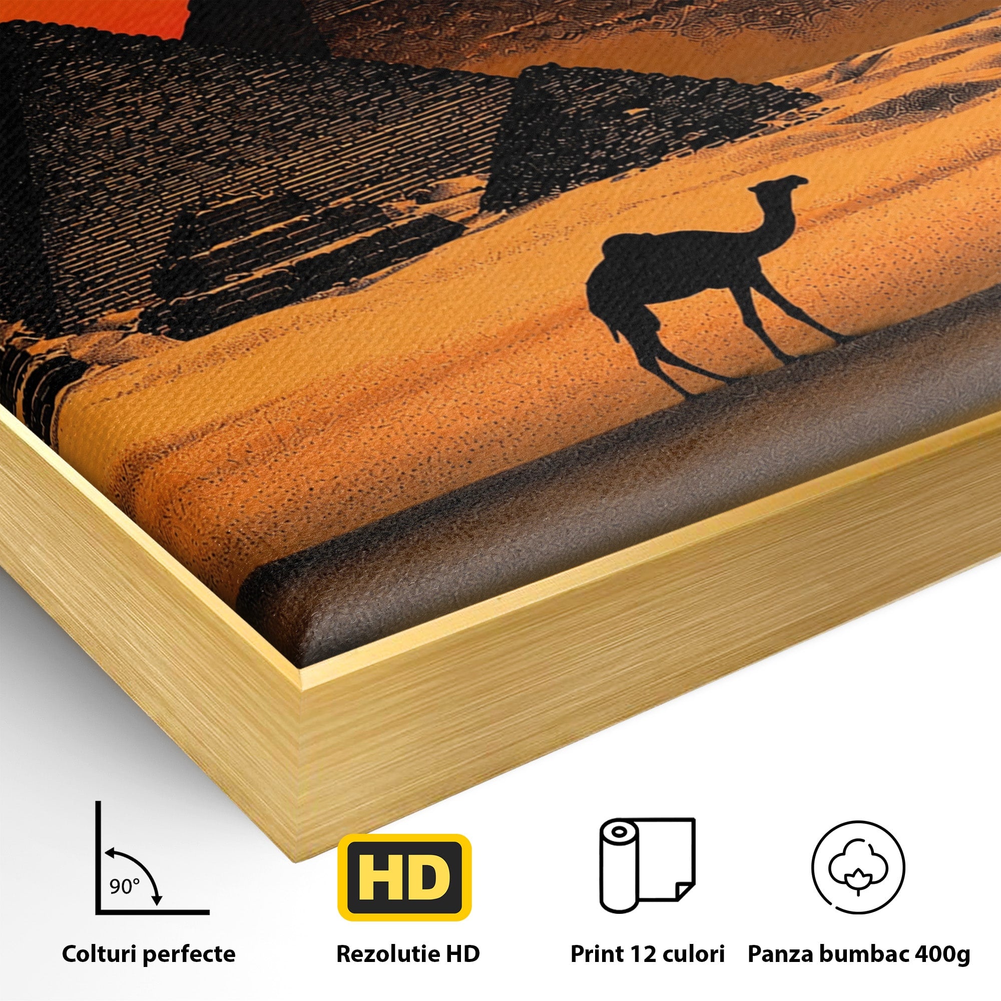 Tablou Canvas Premium LuxCanva® T1053, Apus Peste Piramide, Piramide, Apus, Desert, Camel, Living, Culori Vibrante