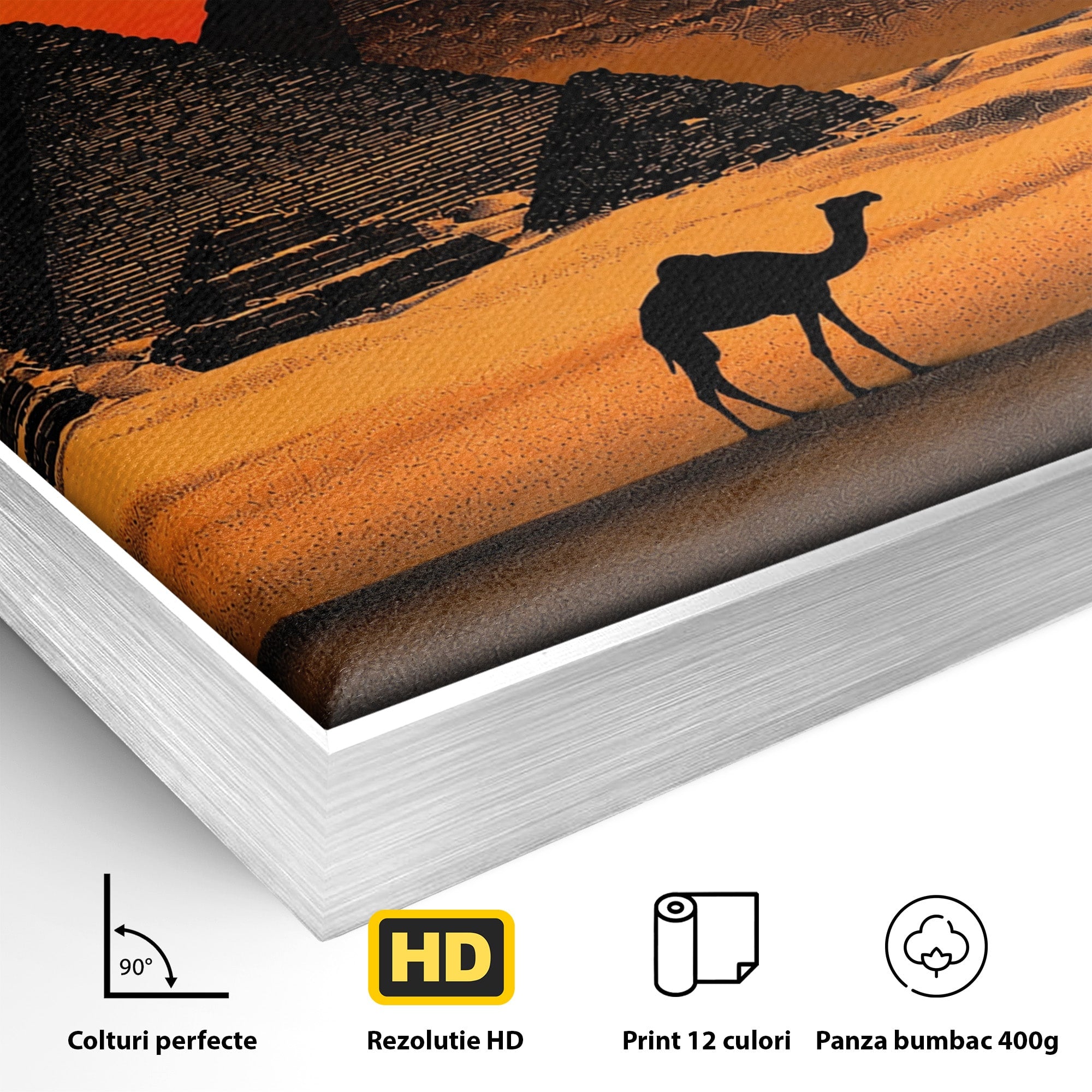 Tablou Canvas Premium LuxCanva® T1053, Apus Peste Piramide, Piramide, Apus, Desert, Camel, Living, Culori Vibrante