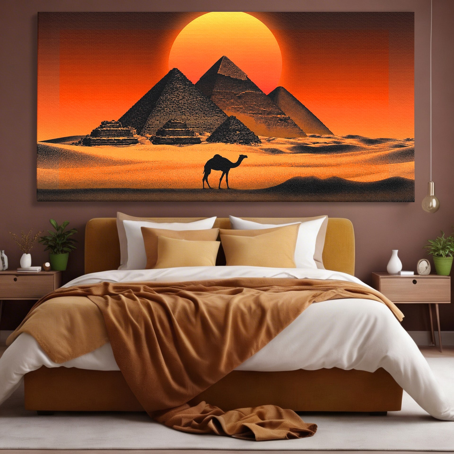 Tablou Canvas Premium LuxCanva® T1053, Apus Peste Piramide, Piramide, Apus, Desert, Camel, Living, Culori Vibrante