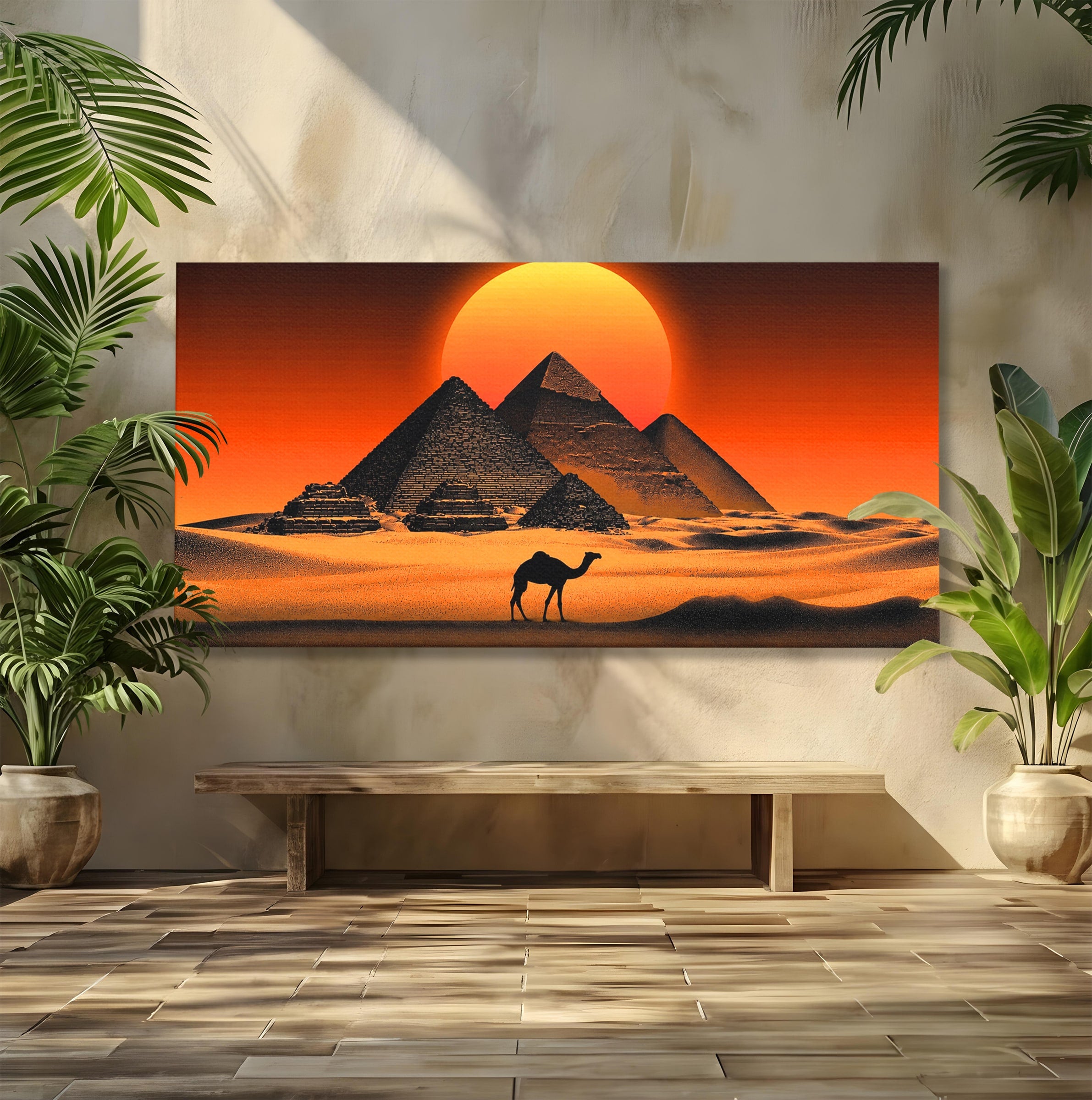 Tablou Canvas Premium LuxCanva® T1053, Apus Peste Piramide, Piramide, Apus, Desert, Camel, Living, Culori Vibrante