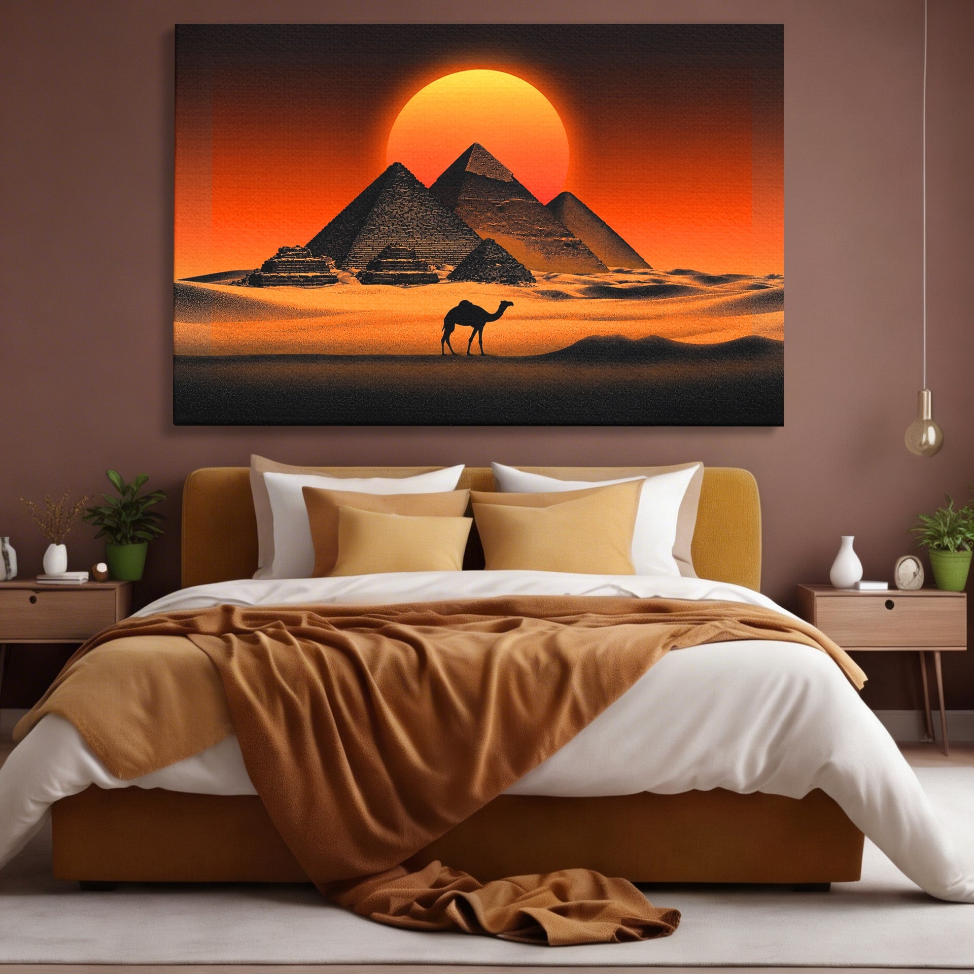 Tablou Canvas Premium LuxCanva® T1053, Apus Peste Piramide, Piramide, Apus, Desert, Camel, Living, Culori Vibrante