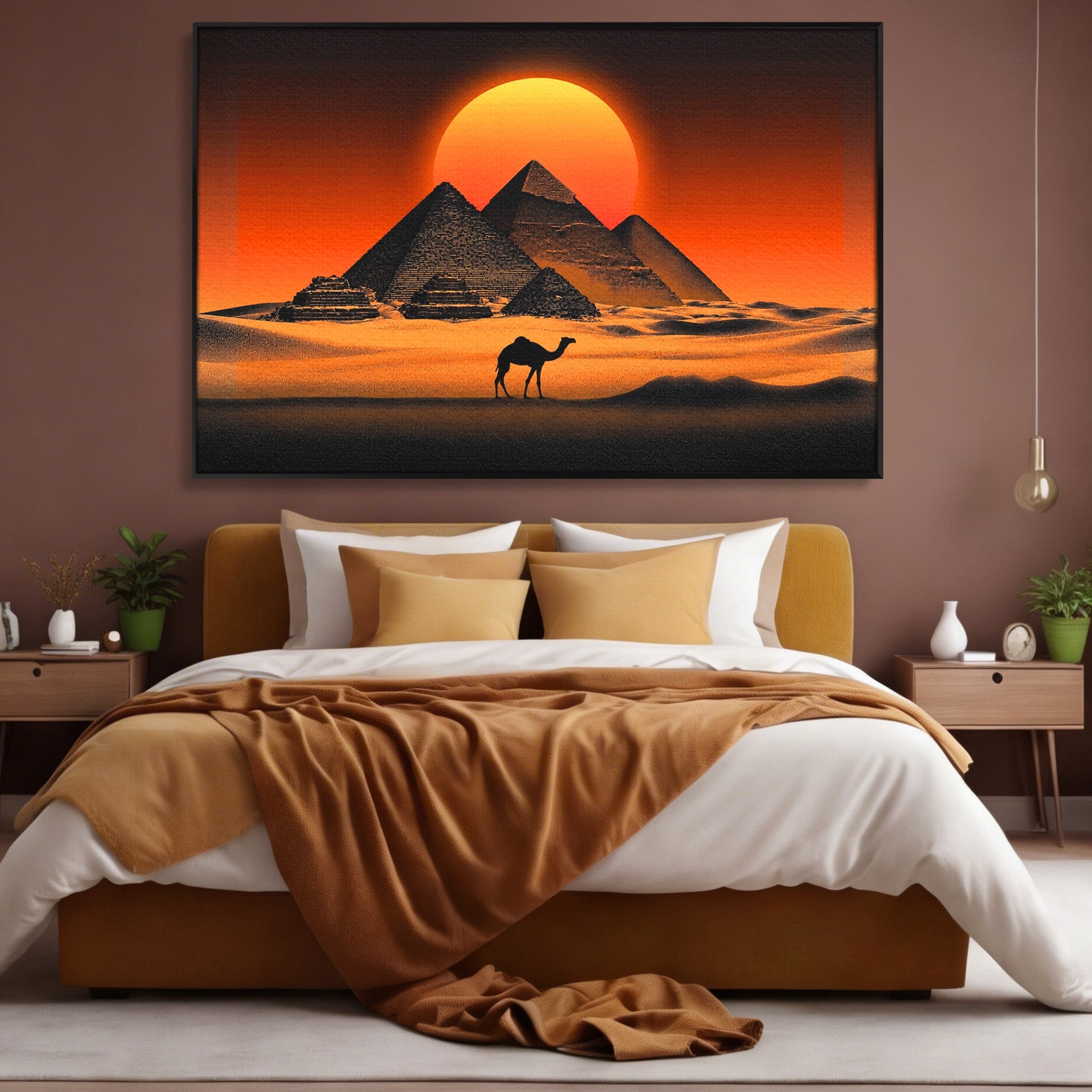 Tablou Canvas Premium LuxCanva® T1053, Apus Peste Piramide, Piramide, Apus, Desert, Camel, Living, Culori Vibrante