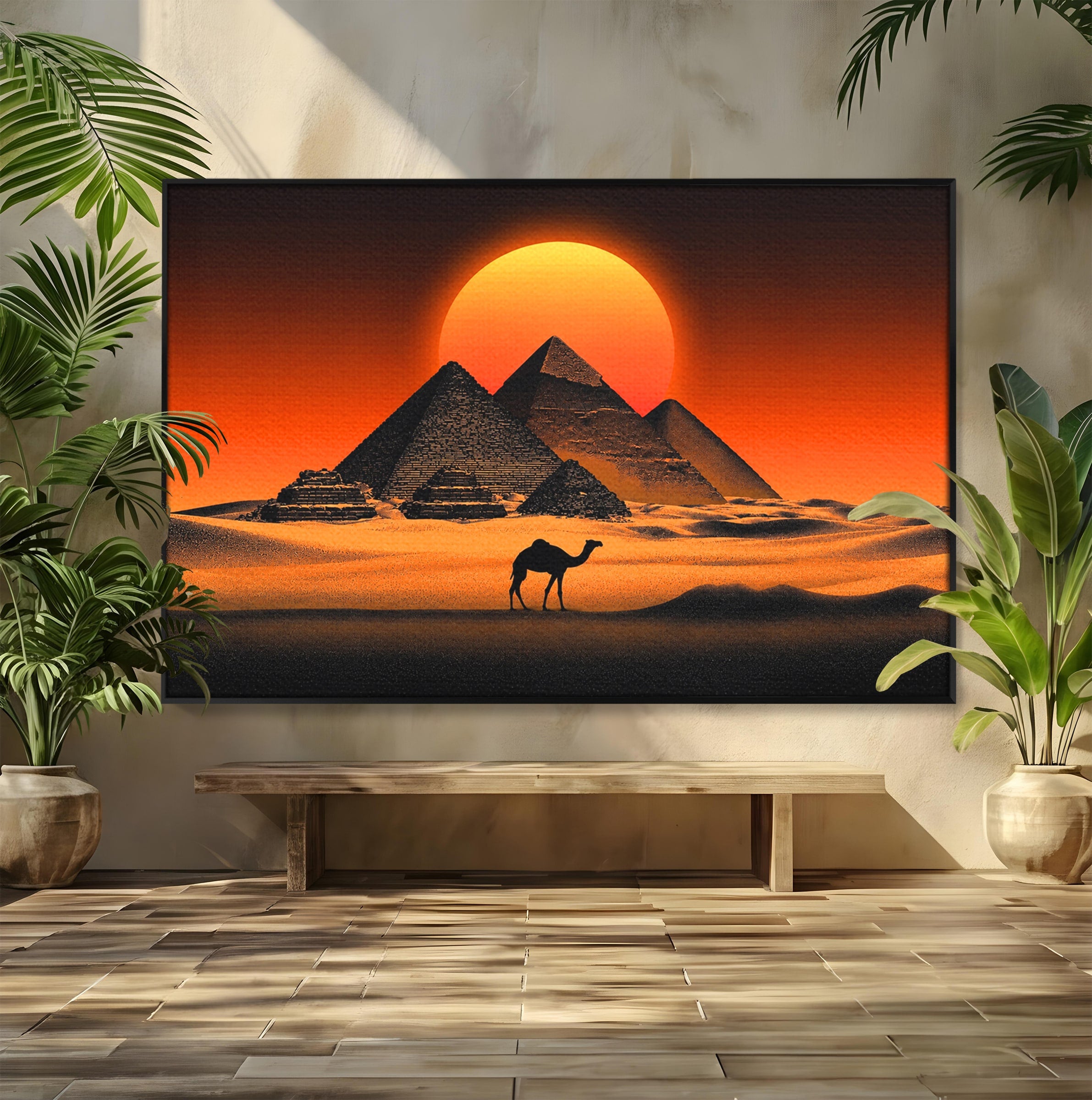 Tablou Canvas Premium LuxCanva® T1053, Apus Peste Piramide, Piramide, Apus, Desert, Camel, Living, Culori Vibrante