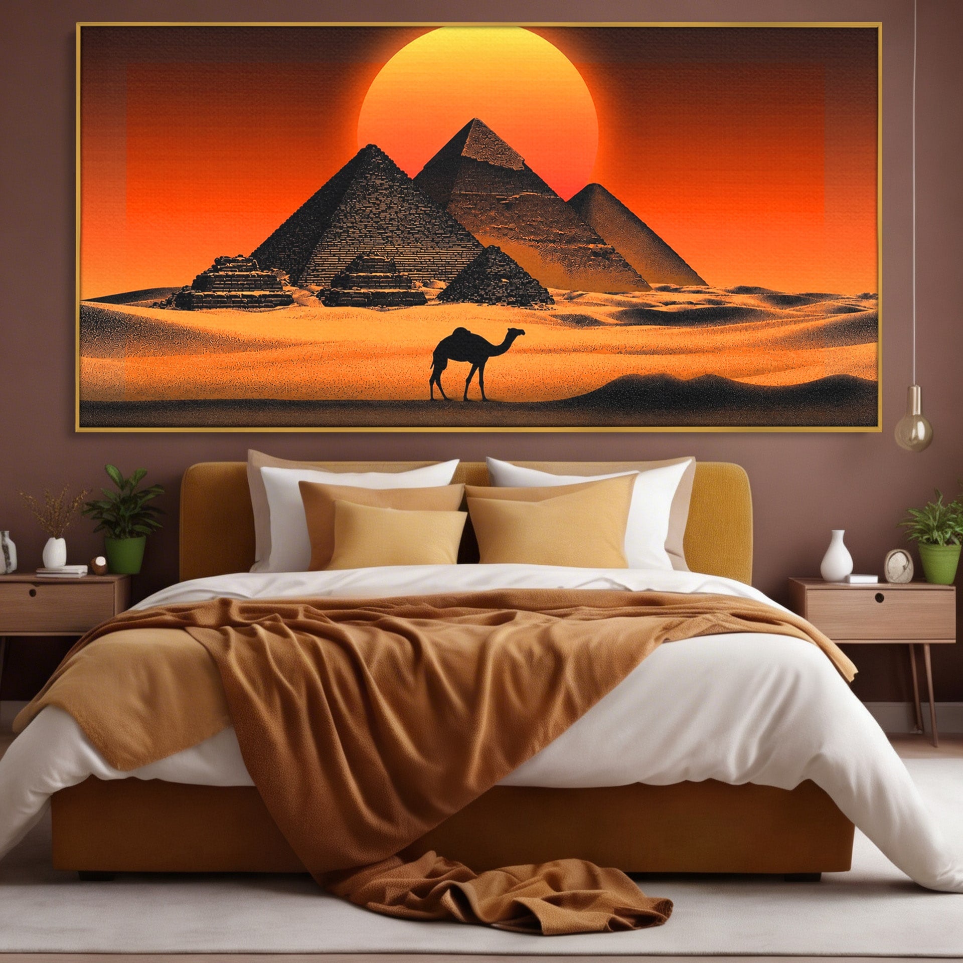 Tablou Canvas Premium LuxCanva® T1053, Apus Peste Piramide, Piramide, Apus, Desert, Camel, Living, Culori Vibrante