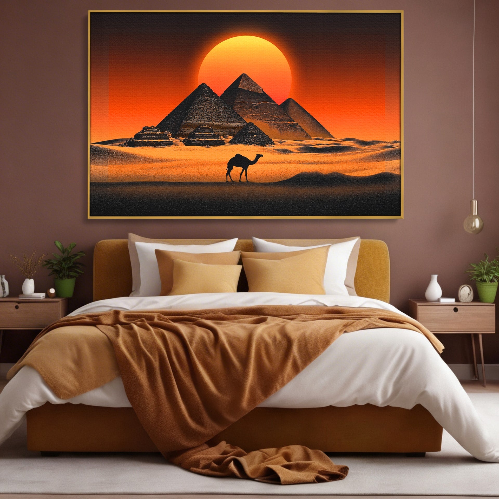 Tablou Canvas Premium LuxCanva® T1053, Apus Peste Piramide, Piramide, Apus, Desert, Camel, Living, Culori Vibrante