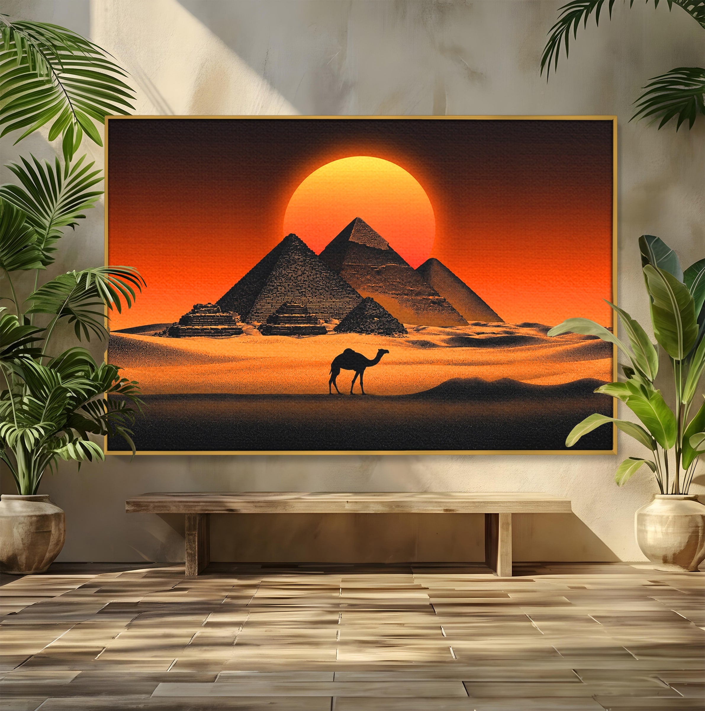 Tablou Canvas Premium LuxCanva® T1053, Apus Peste Piramide, Piramide, Apus, Desert, Camel, Living, Culori Vibrante
