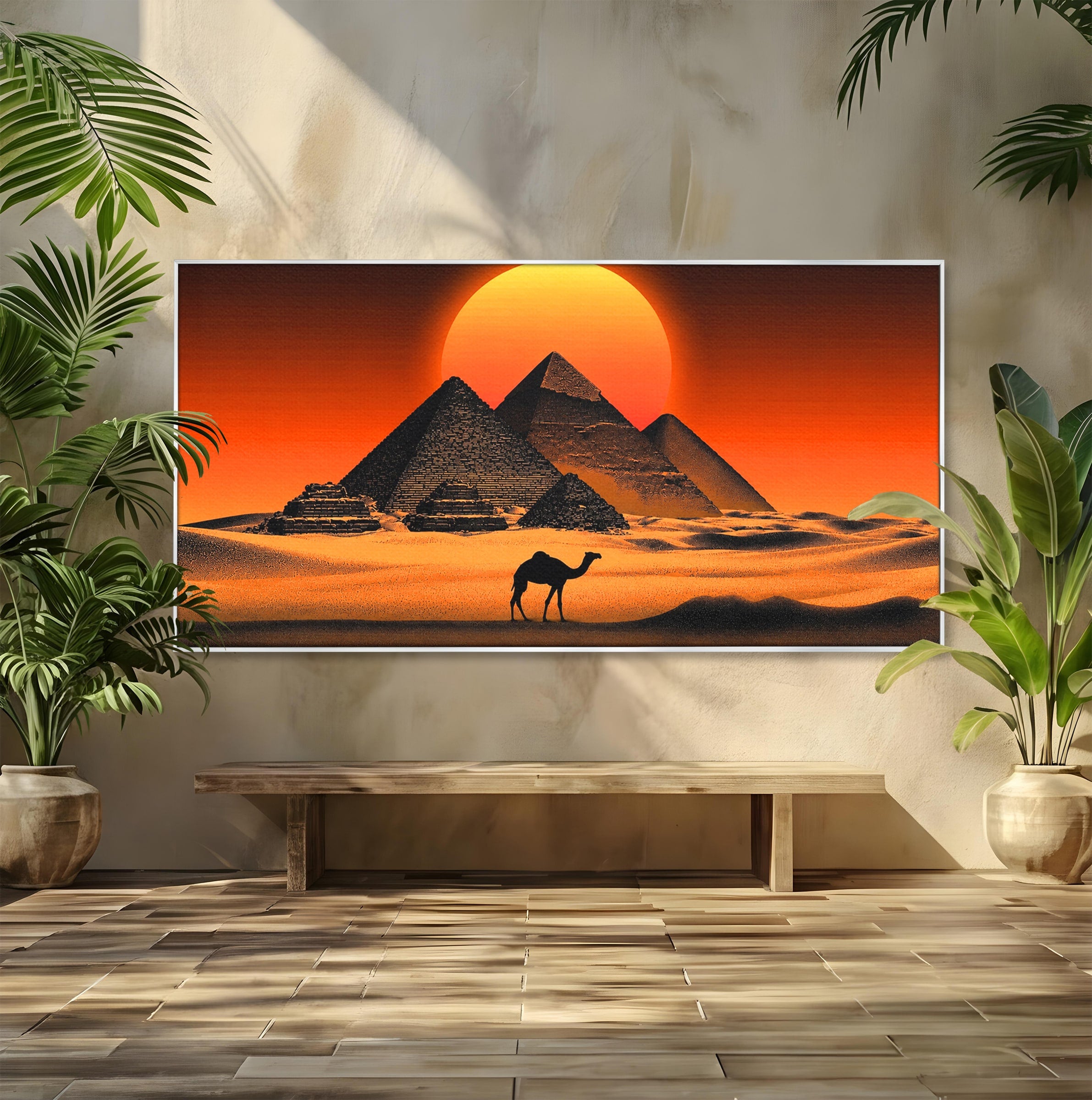 Tablou Canvas Premium LuxCanva® T1053, Apus Peste Piramide, Piramide, Apus, Desert, Camel, Living, Culori Vibrante