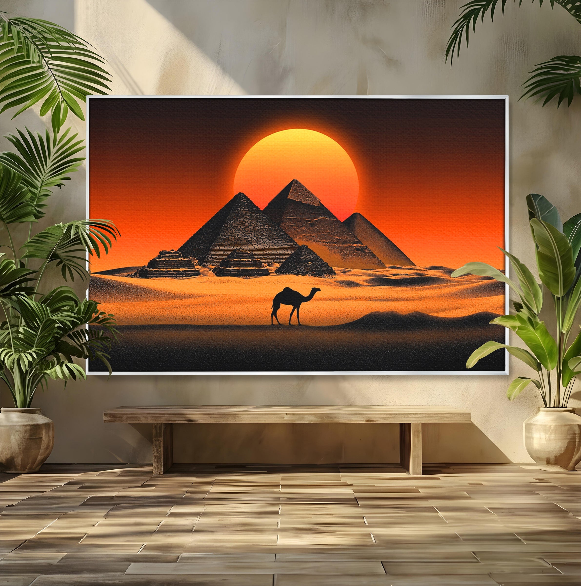Tablou Canvas Premium LuxCanva® T1053, Apus Peste Piramide, Piramide, Apus, Desert, Camel, Living, Culori Vibrante