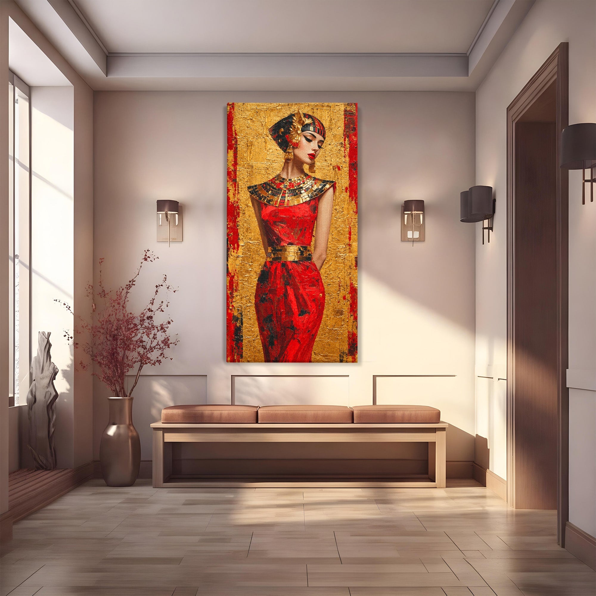 Tablou Canvas Premium LuxCanva® T1054, Regina Egipteana In Rosu, Egipt, Regina, Portret, Istorie, Living, Culori Vibrante