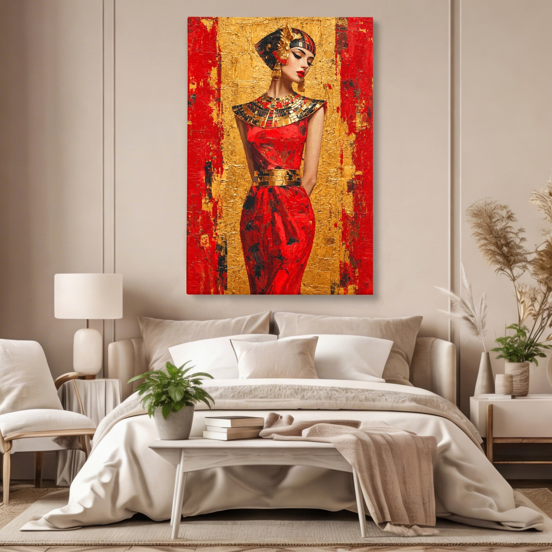Tablou Canvas Premium LuxCanva® T1054, Regina Egipteana In Rosu, Egipt, Regina, Portret, Istorie, Living, Culori Vibrante