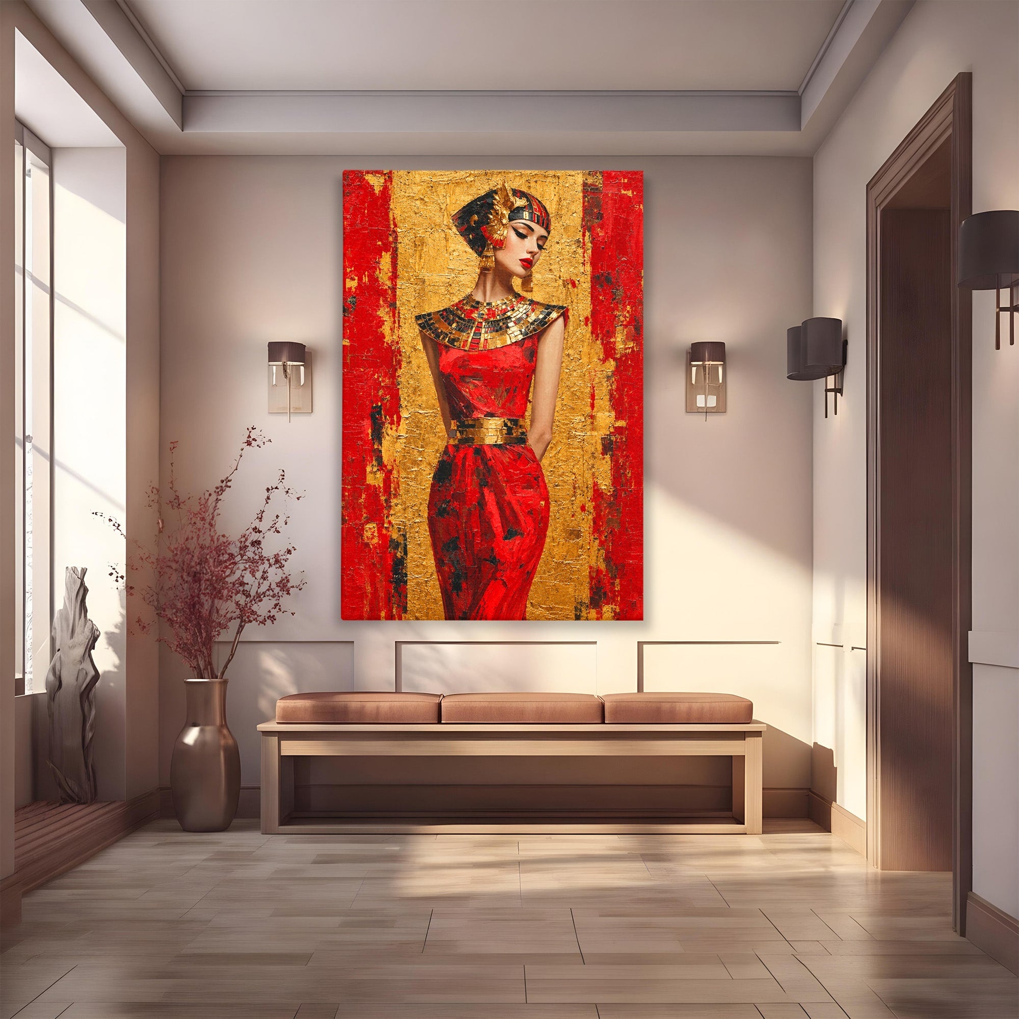 Tablou Canvas Premium LuxCanva® T1054, Regina Egipteana In Rosu, Egipt, Regina, Portret, Istorie, Living, Culori Vibrante
