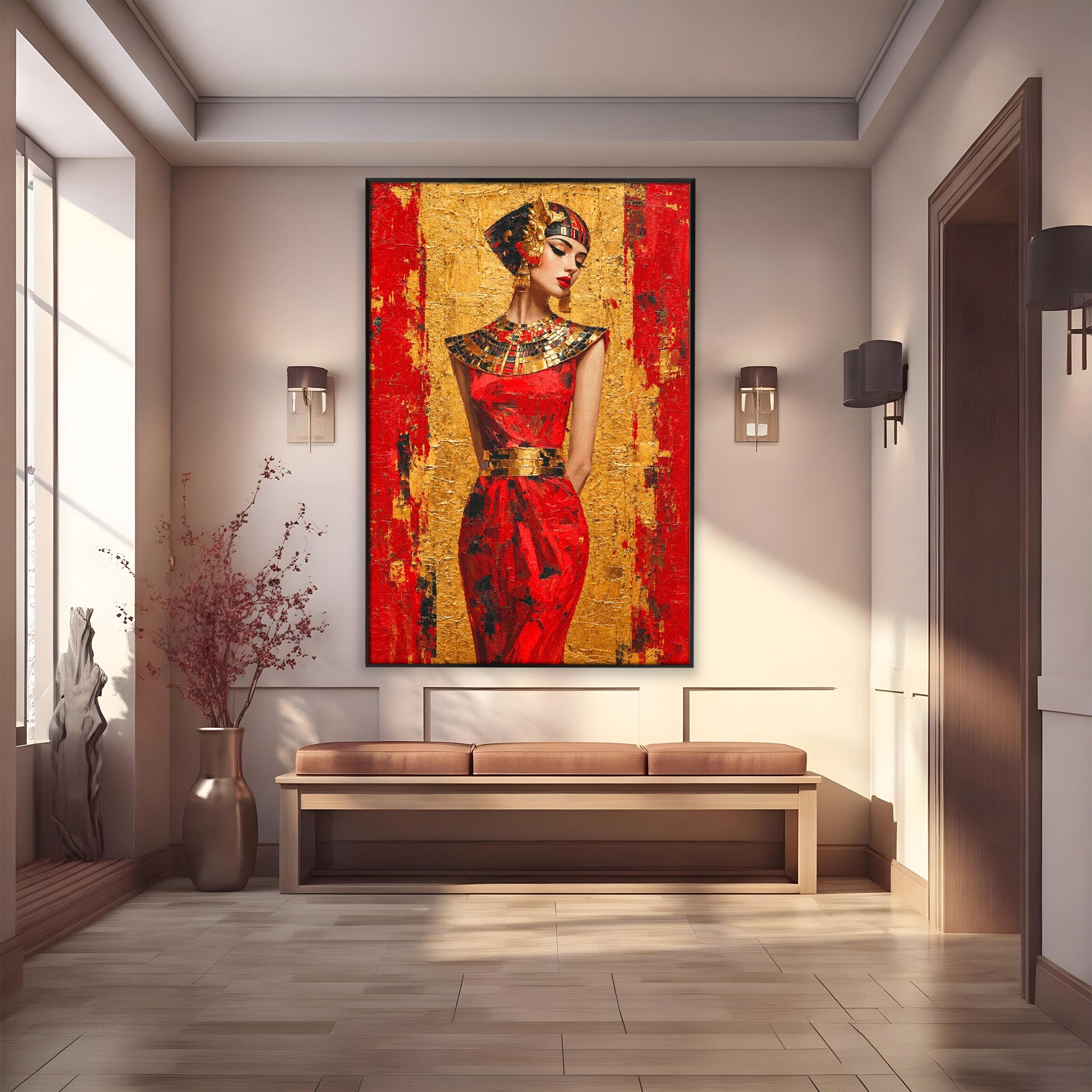 Tablou Canvas Premium LuxCanva® T1054, Regina Egipteana In Rosu, Egipt, Regina, Portret, Istorie, Living, Culori Vibrante