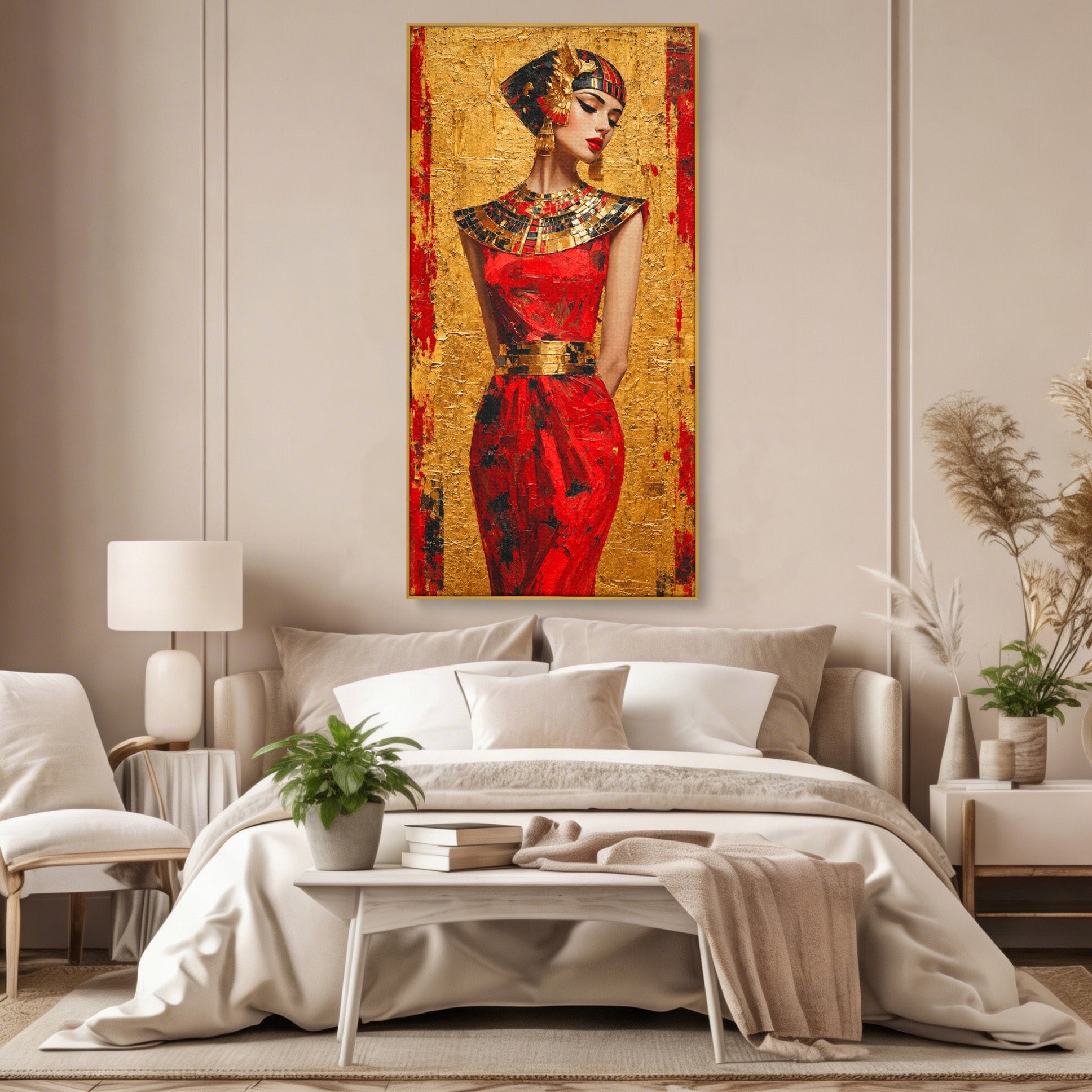 Tablou Canvas Premium LuxCanva® T1054, Regina Egipteana In Rosu, Egipt, Regina, Portret, Istorie, Living, Culori Vibrante