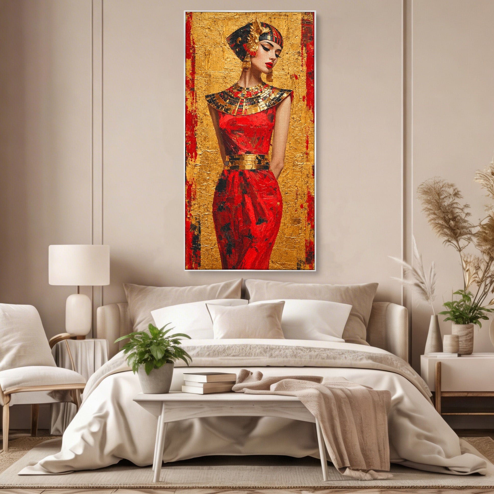 Tablou Canvas Premium LuxCanva® T1054, Regina Egipteana In Rosu, Egipt, Regina, Portret, Istorie, Living, Culori Vibrante