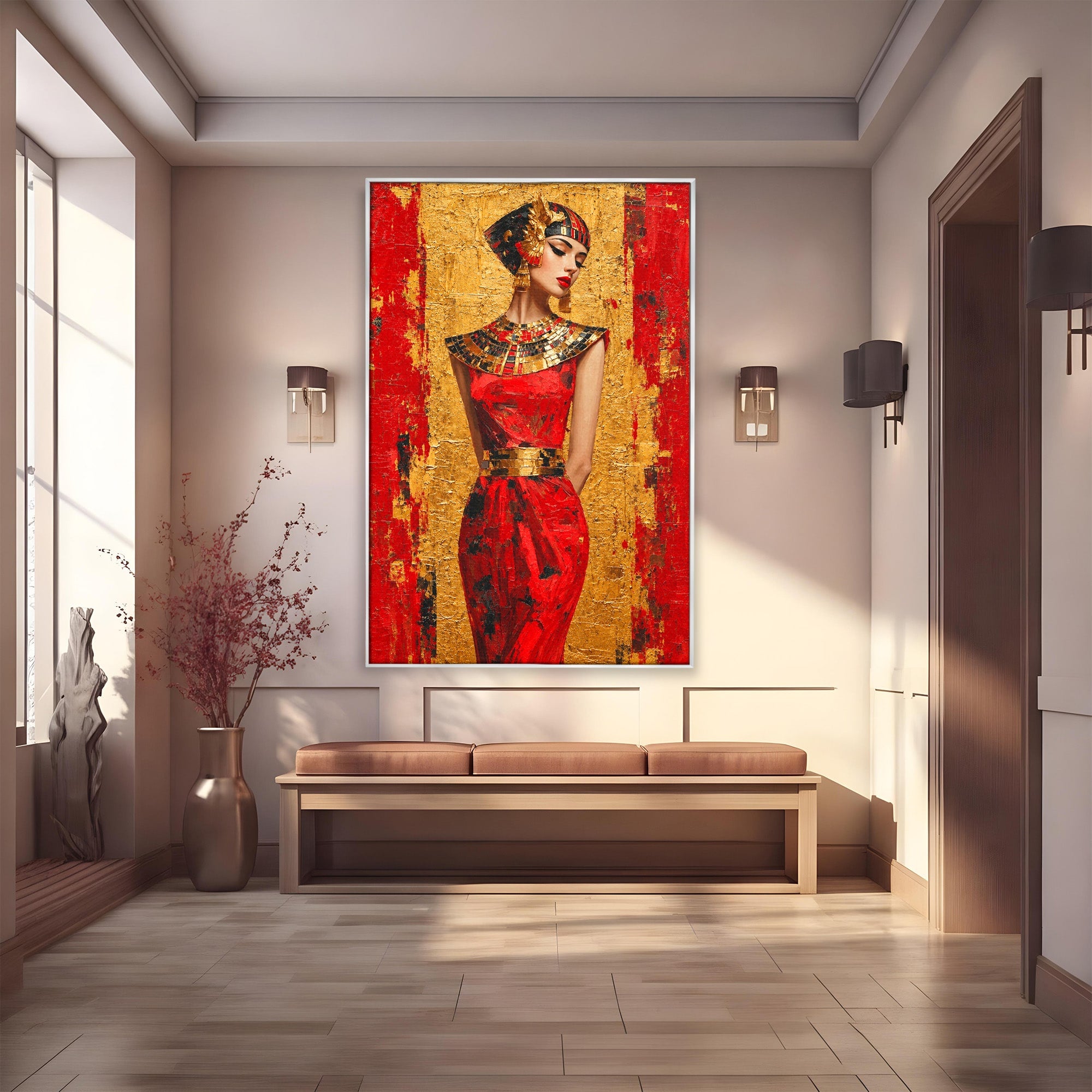 Tablou Canvas Premium LuxCanva® T1054, Regina Egipteana In Rosu, Egipt, Regina, Portret, Istorie, Living, Culori Vibrante