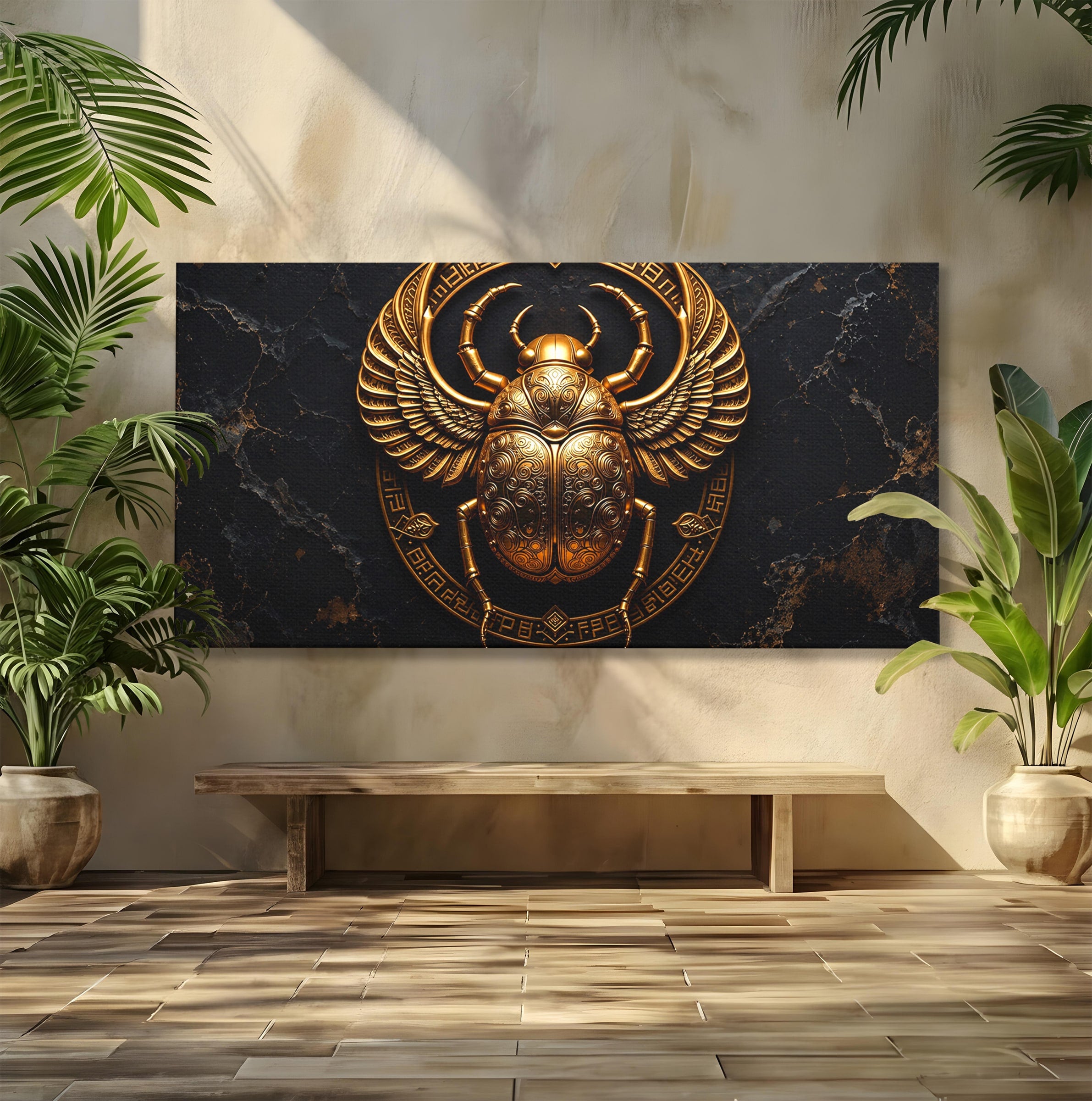 Tablou Canvas Premium LuxCanva® T1059, Scarab Auriu, Scarab, Egiptian, Simbolism, Arta, Birou, Culori Vibrante