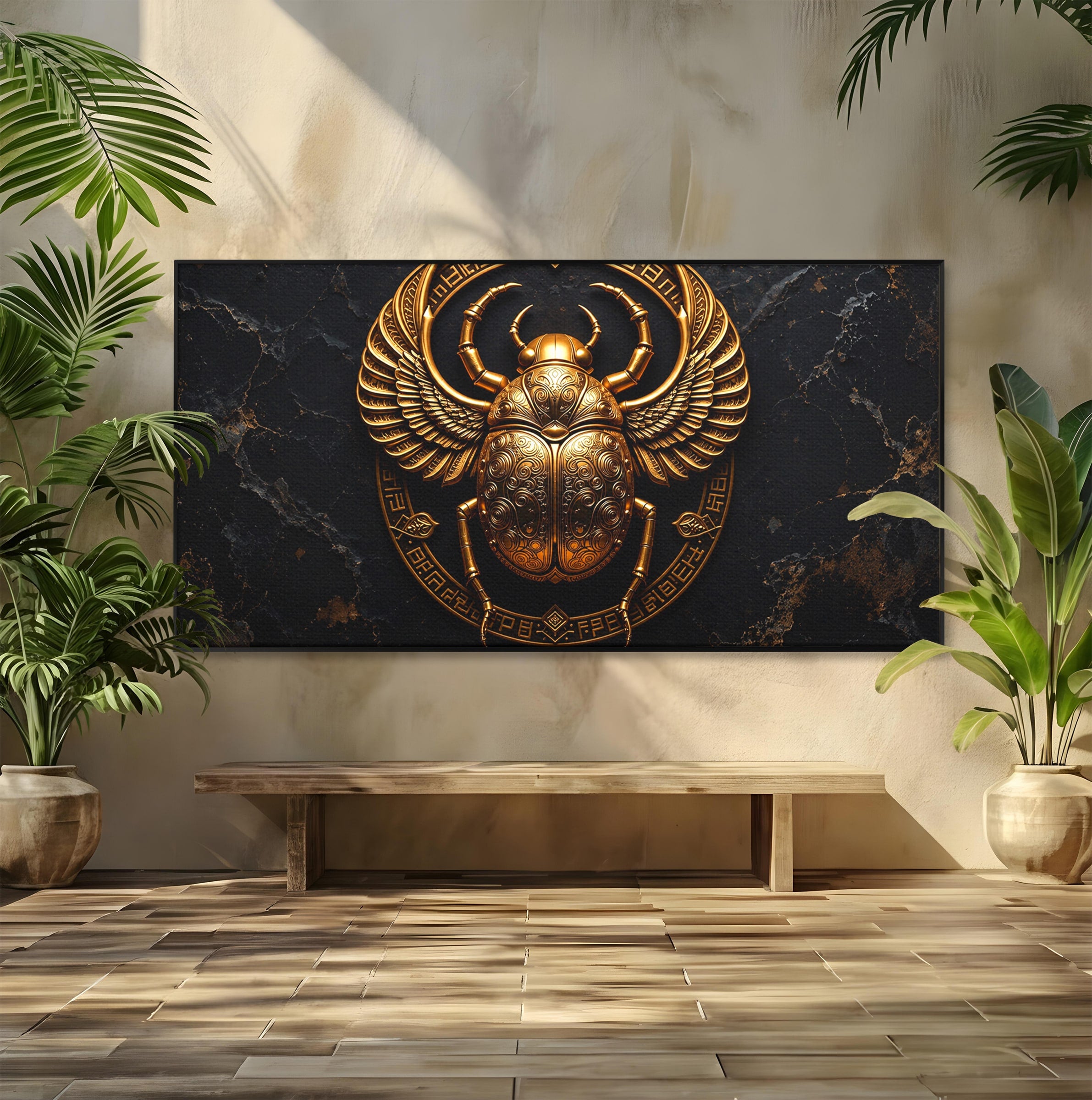 Tablou Canvas Premium LuxCanva® T1059, Scarab Auriu, Scarab, Egiptian, Simbolism, Arta, Birou, Culori Vibrante