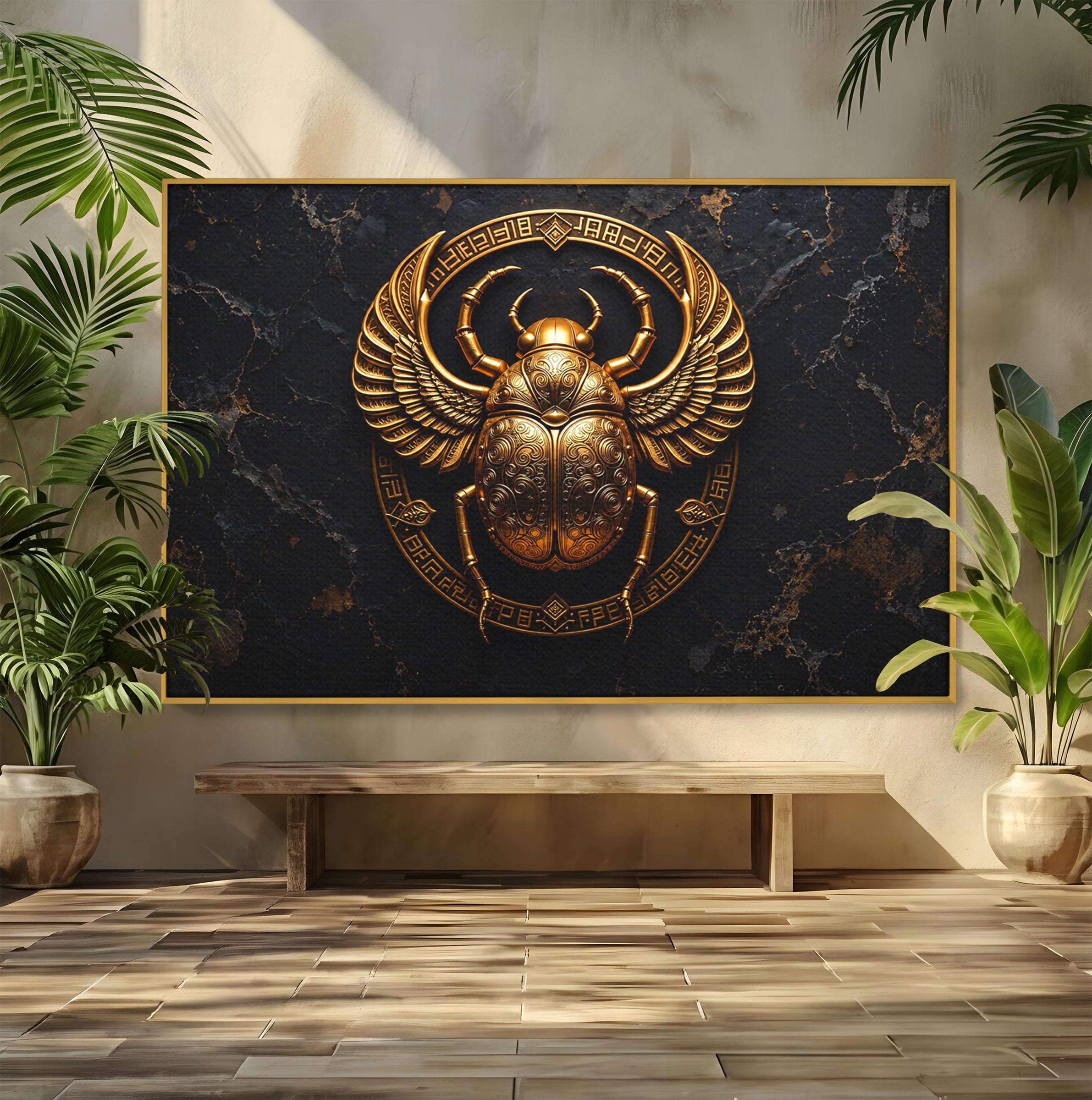 Tablou Canvas Premium LuxCanva® T1059, Scarab Auriu, Scarab, Egiptian, Simbolism, Arta, Birou, Culori Vibrante