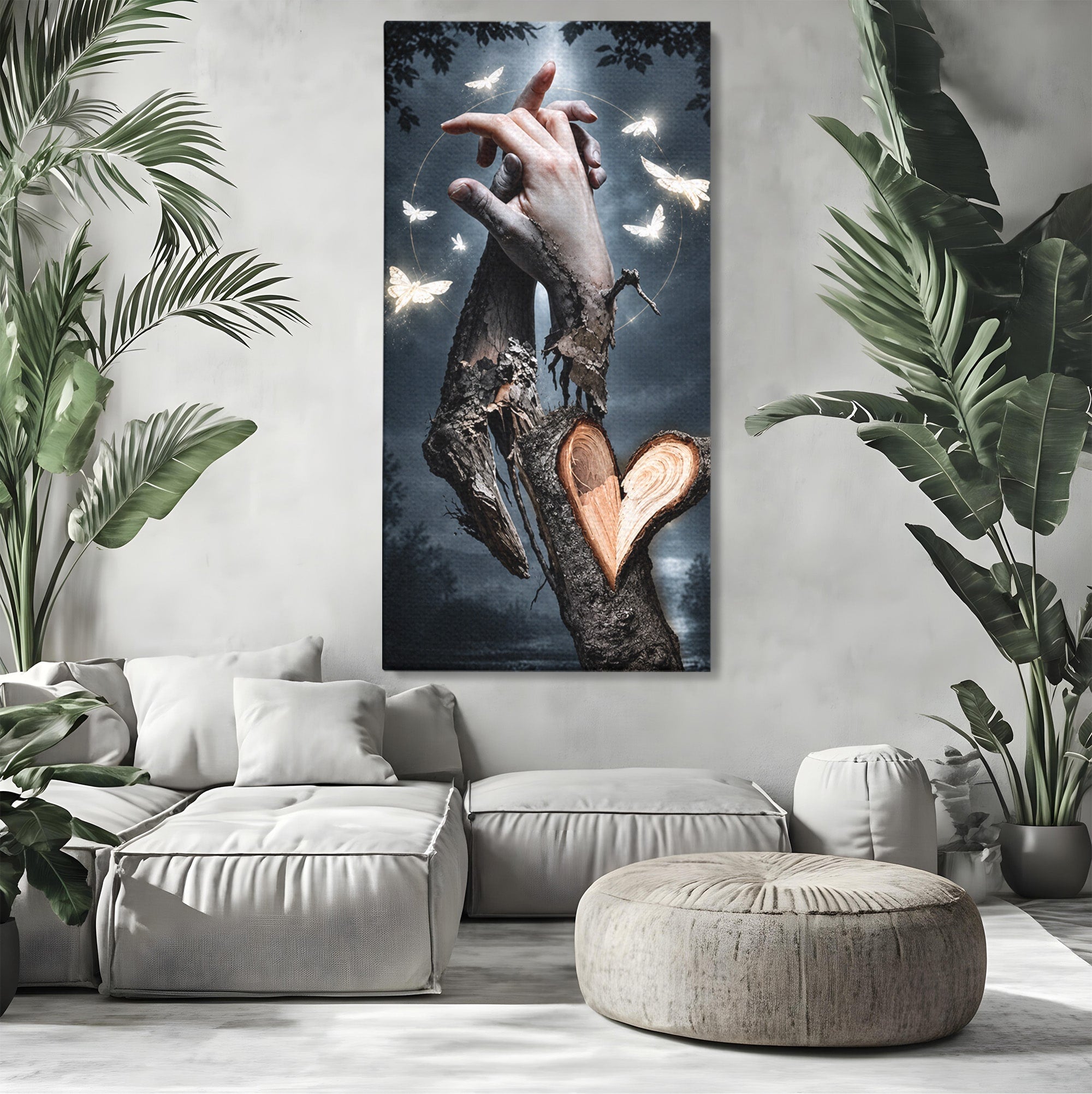 Tablou Canvas Premium LuxCanva® U1002, Imbratisarea Naturii, Maini, Fluturi, Natura, Magie, Living, Culori Vibrante
