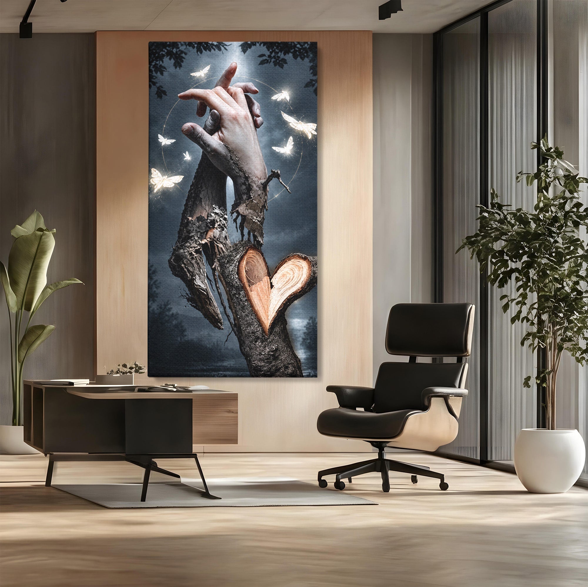 Tablou Canvas Premium LuxCanva® U1002, Imbratisarea Naturii, Maini, Fluturi, Natura, Magie, Living, Culori Vibrante