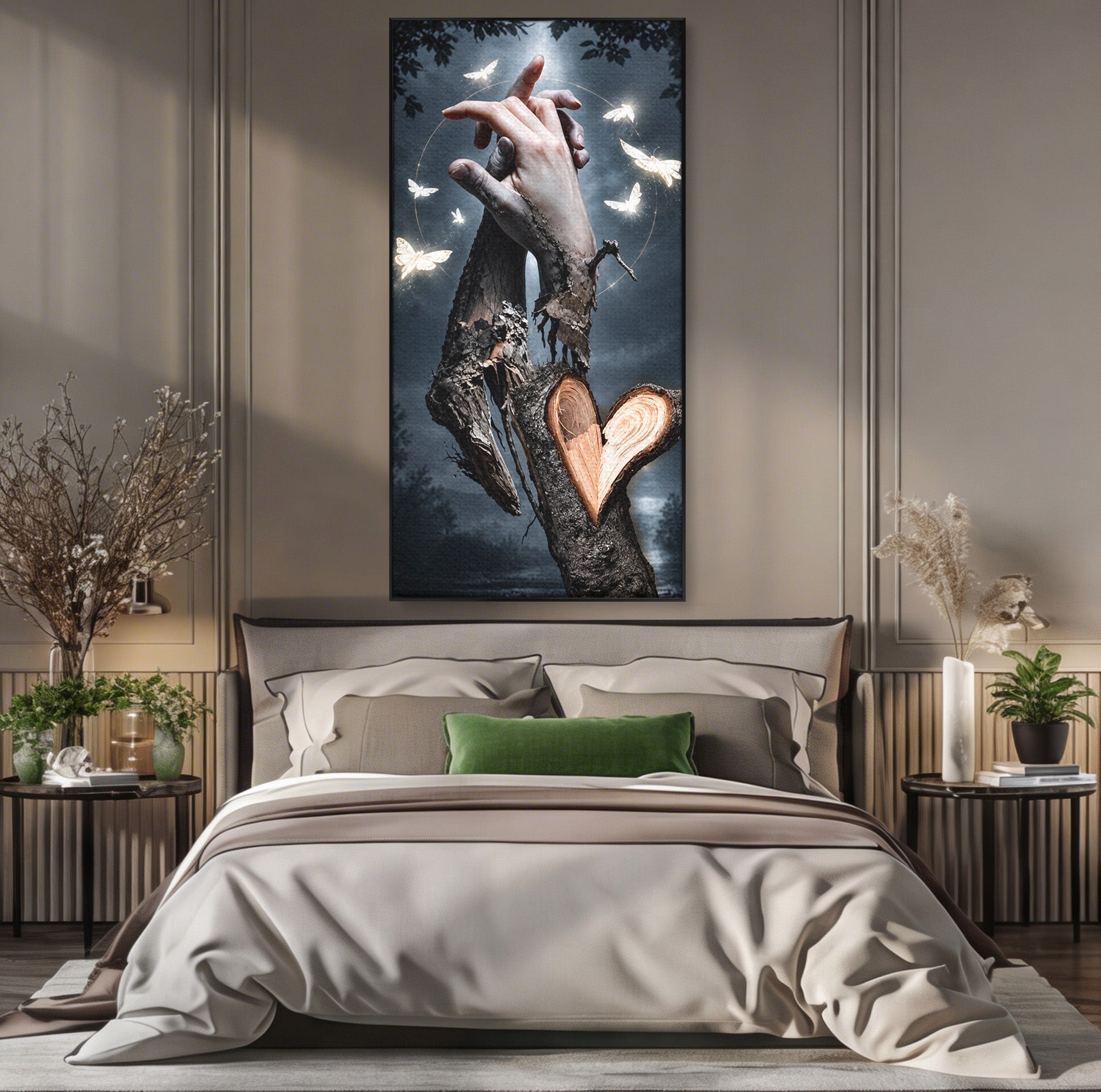 Tablou Canvas Premium LuxCanva® U1002, Imbratisarea Naturii, Maini, Fluturi, Natura, Magie, Living, Culori Vibrante