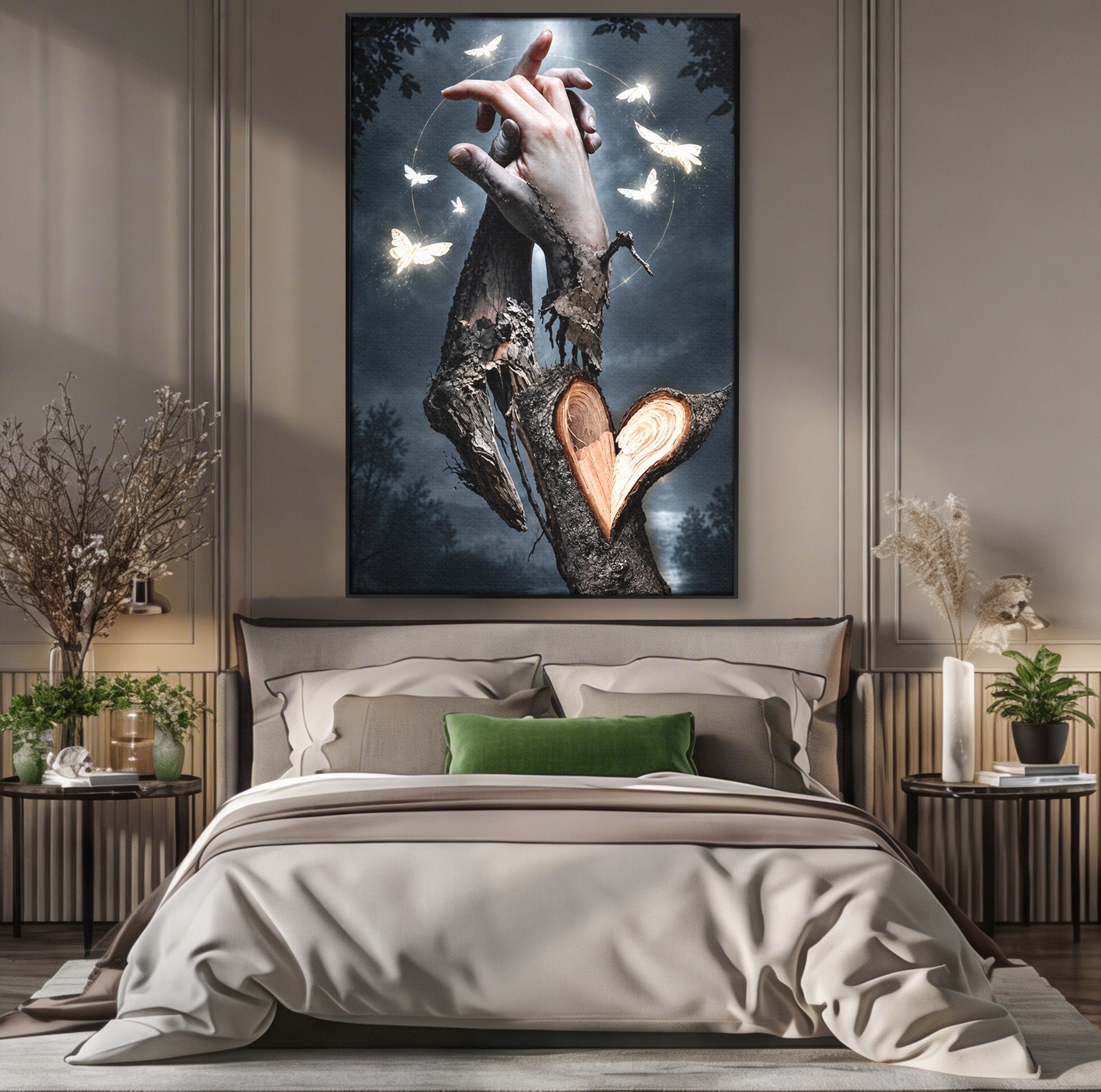 Tablou Canvas Premium LuxCanva® U1002, Imbratisarea Naturii, Maini, Fluturi, Natura, Magie, Living, Culori Vibrante