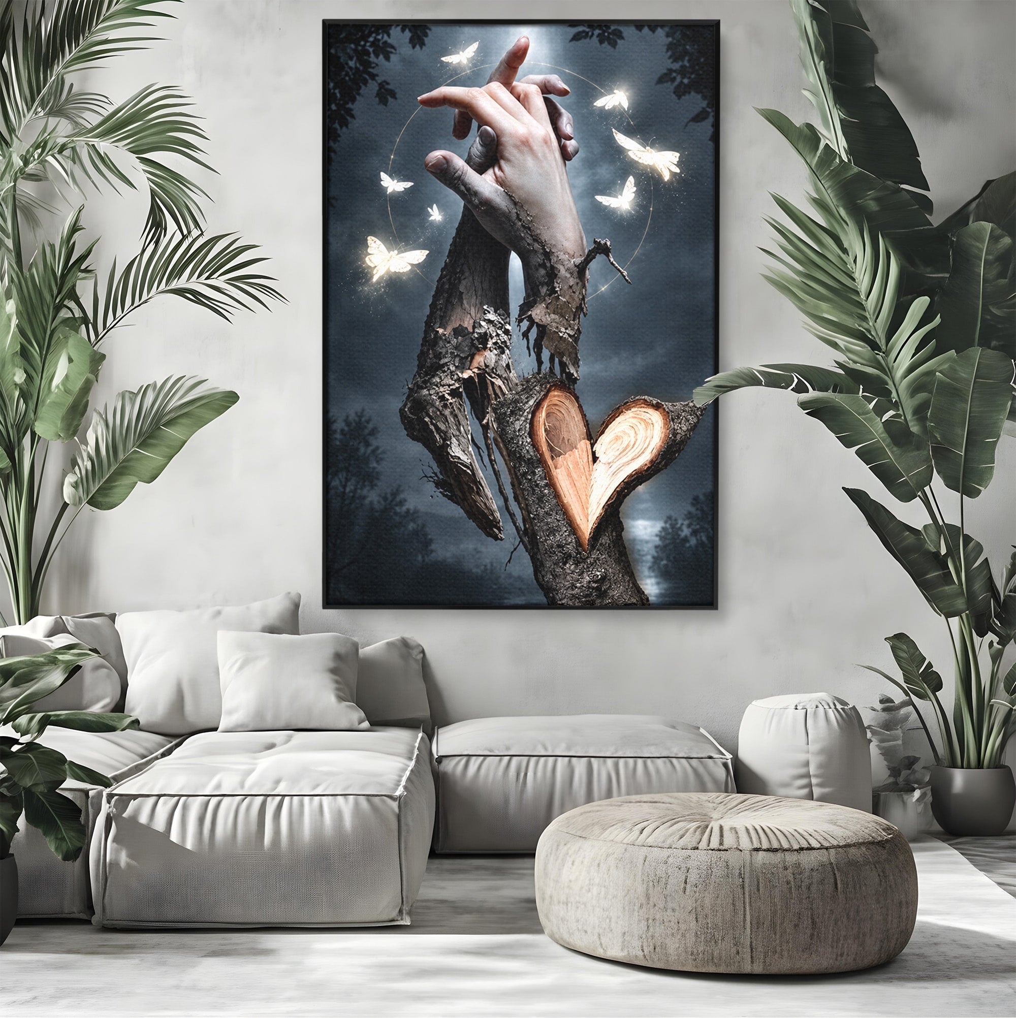 Tablou Canvas Premium LuxCanva® U1002, Imbratisarea Naturii, Maini, Fluturi, Natura, Magie, Living, Culori Vibrante
