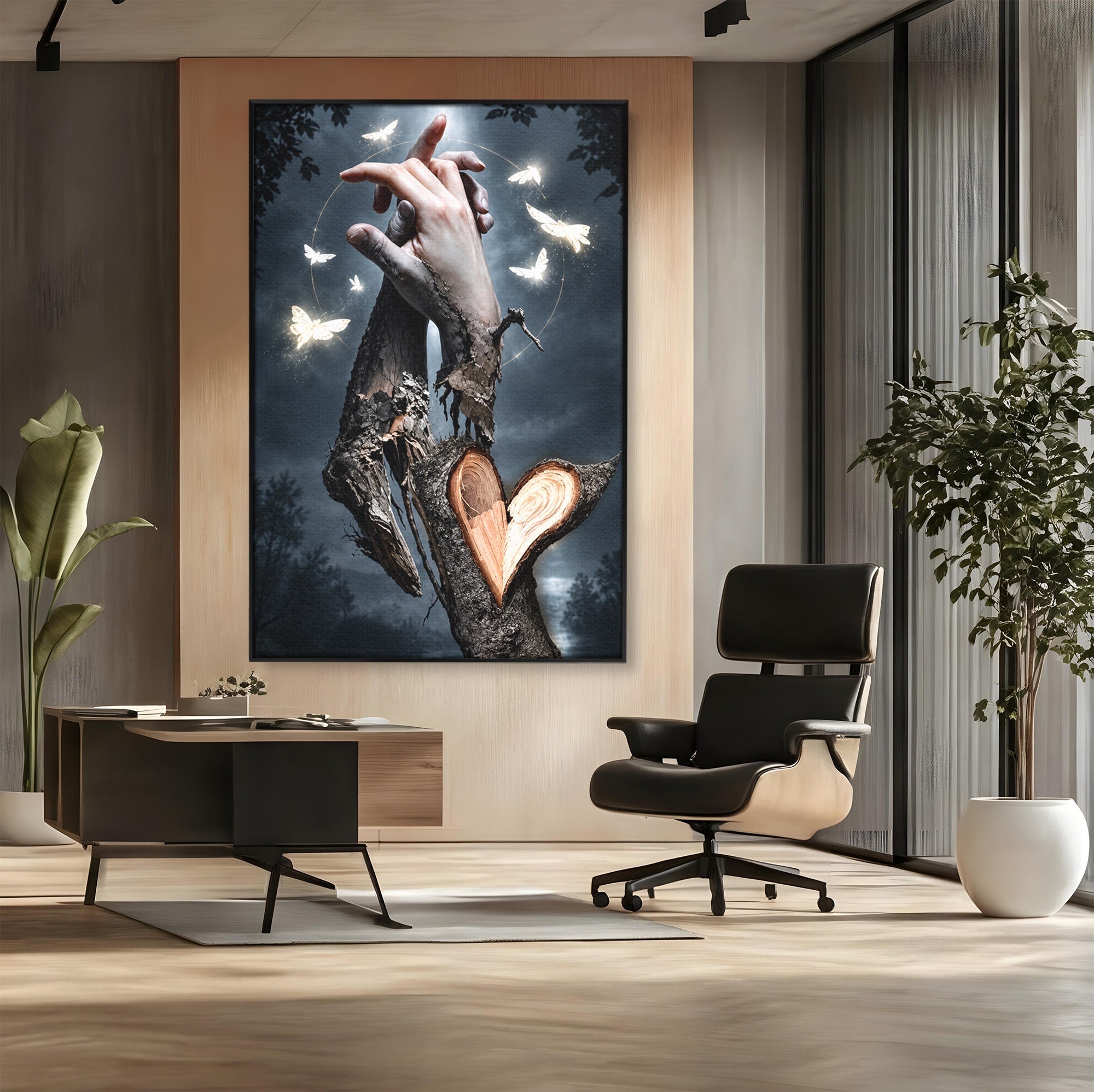 Tablou Canvas Premium LuxCanva® U1002, Imbratisarea Naturii, Maini, Fluturi, Natura, Magie, Living, Culori Vibrante