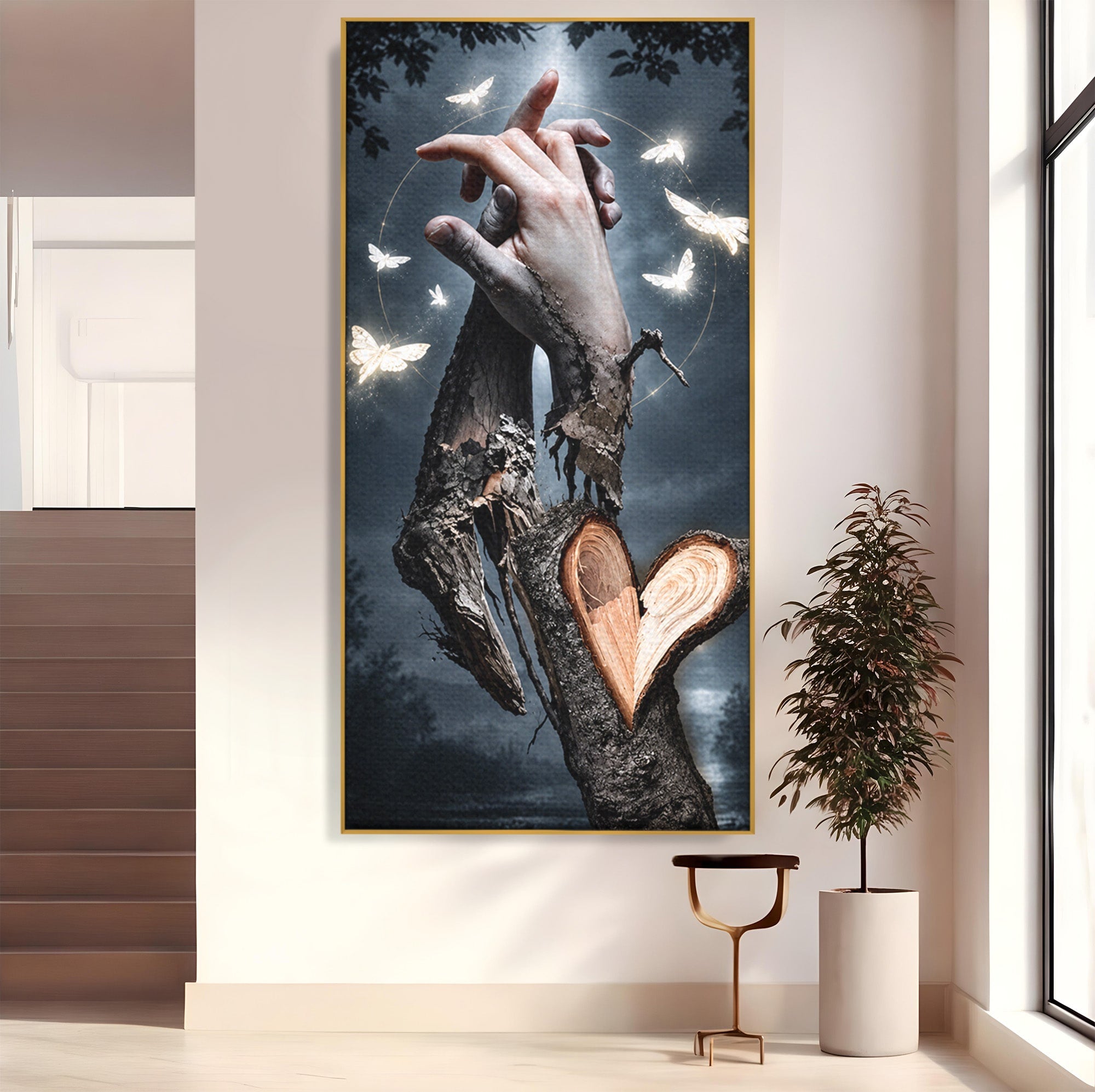 Tablou Canvas Premium LuxCanva® U1002, Imbratisarea Naturii, Maini, Fluturi, Natura, Magie, Living, Culori Vibrante