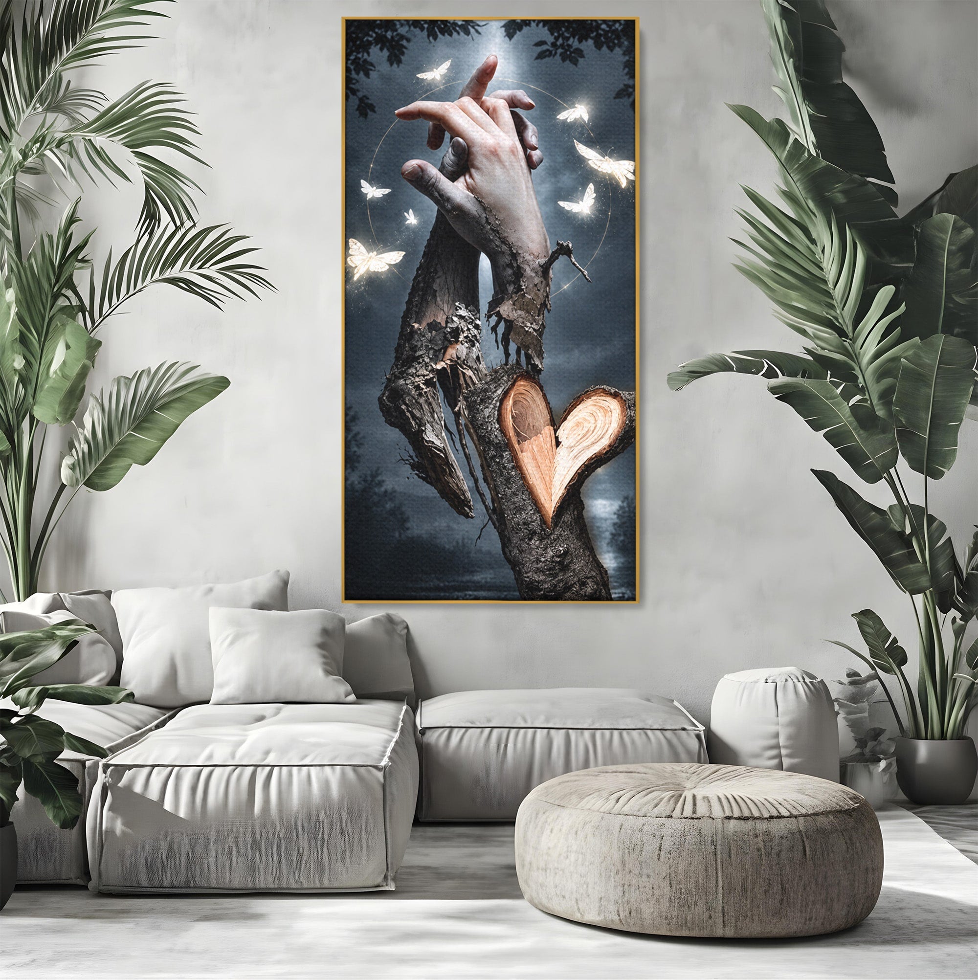 Tablou Canvas Premium LuxCanva® U1002, Imbratisarea Naturii, Maini, Fluturi, Natura, Magie, Living, Culori Vibrante