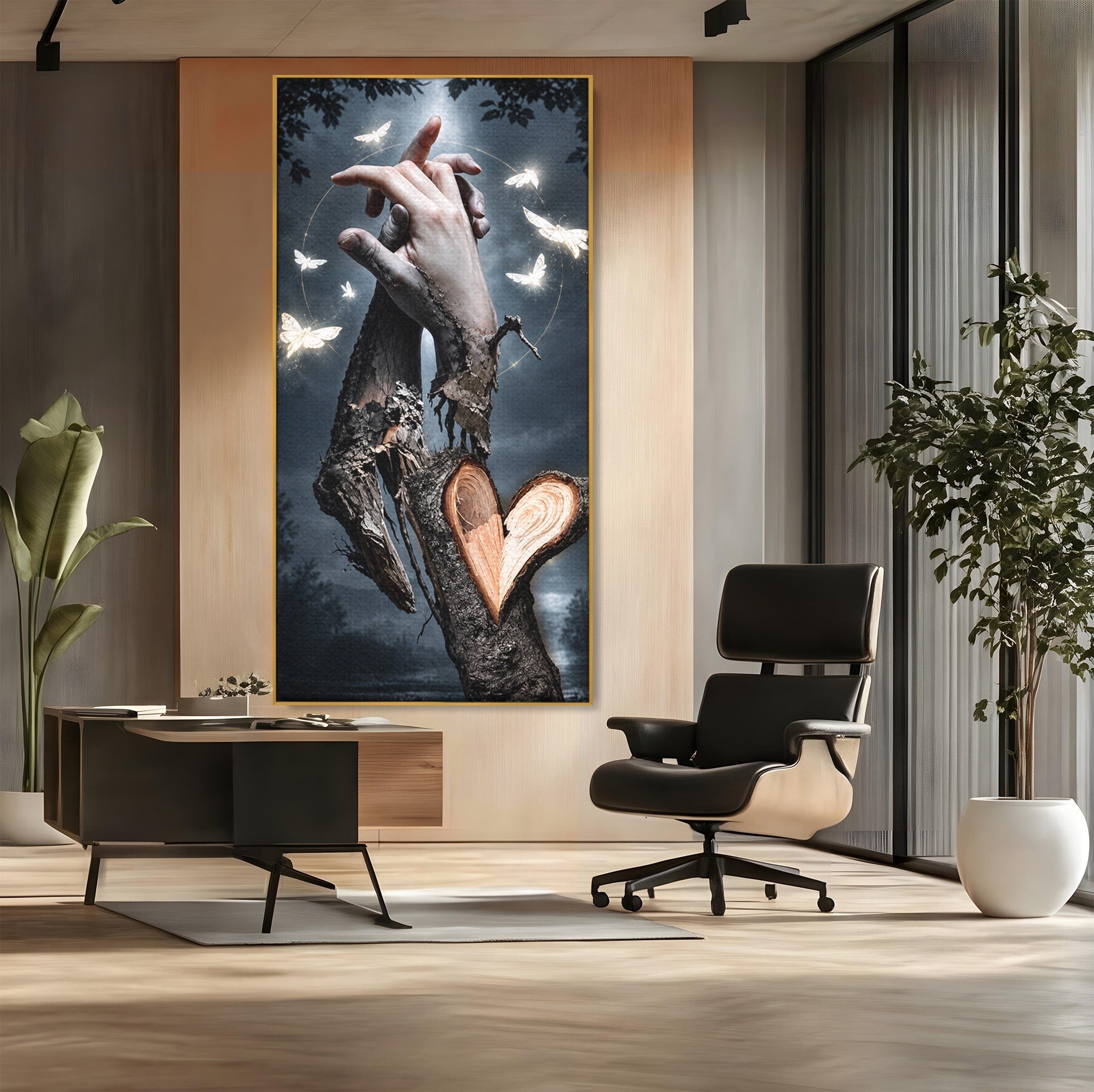 Tablou Canvas Premium LuxCanva® U1002, Imbratisarea Naturii, Maini, Fluturi, Natura, Magie, Living, Culori Vibrante