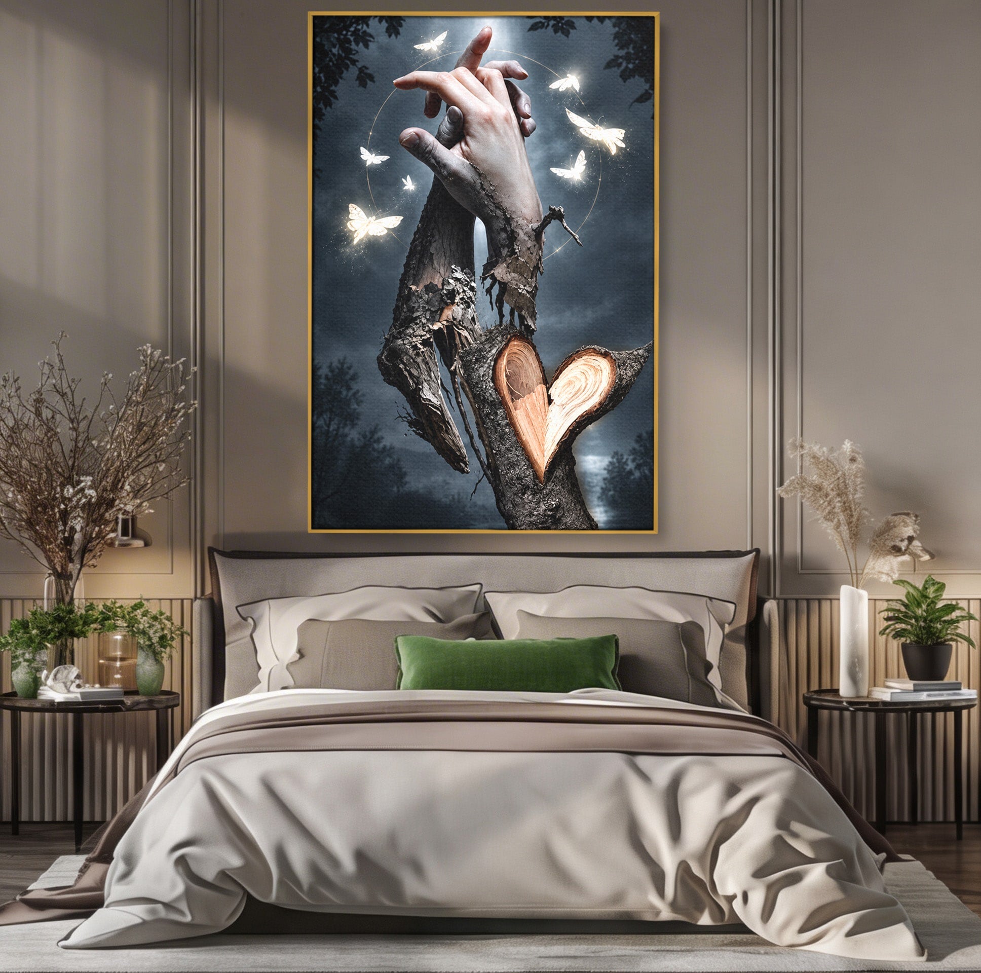 Tablou Canvas Premium LuxCanva® U1002, Imbratisarea Naturii, Maini, Fluturi, Natura, Magie, Living, Culori Vibrante