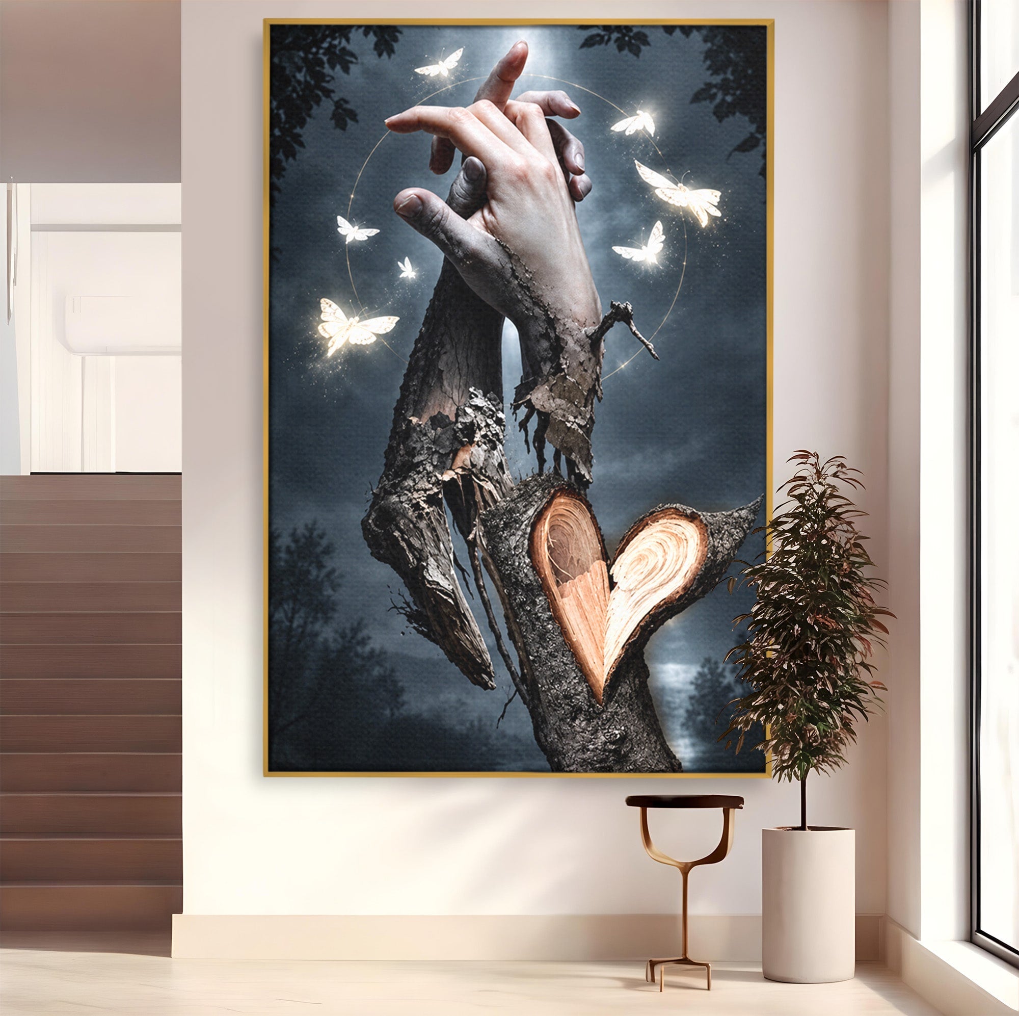 Tablou Canvas Premium LuxCanva® U1002, Imbratisarea Naturii, Maini, Fluturi, Natura, Magie, Living, Culori Vibrante