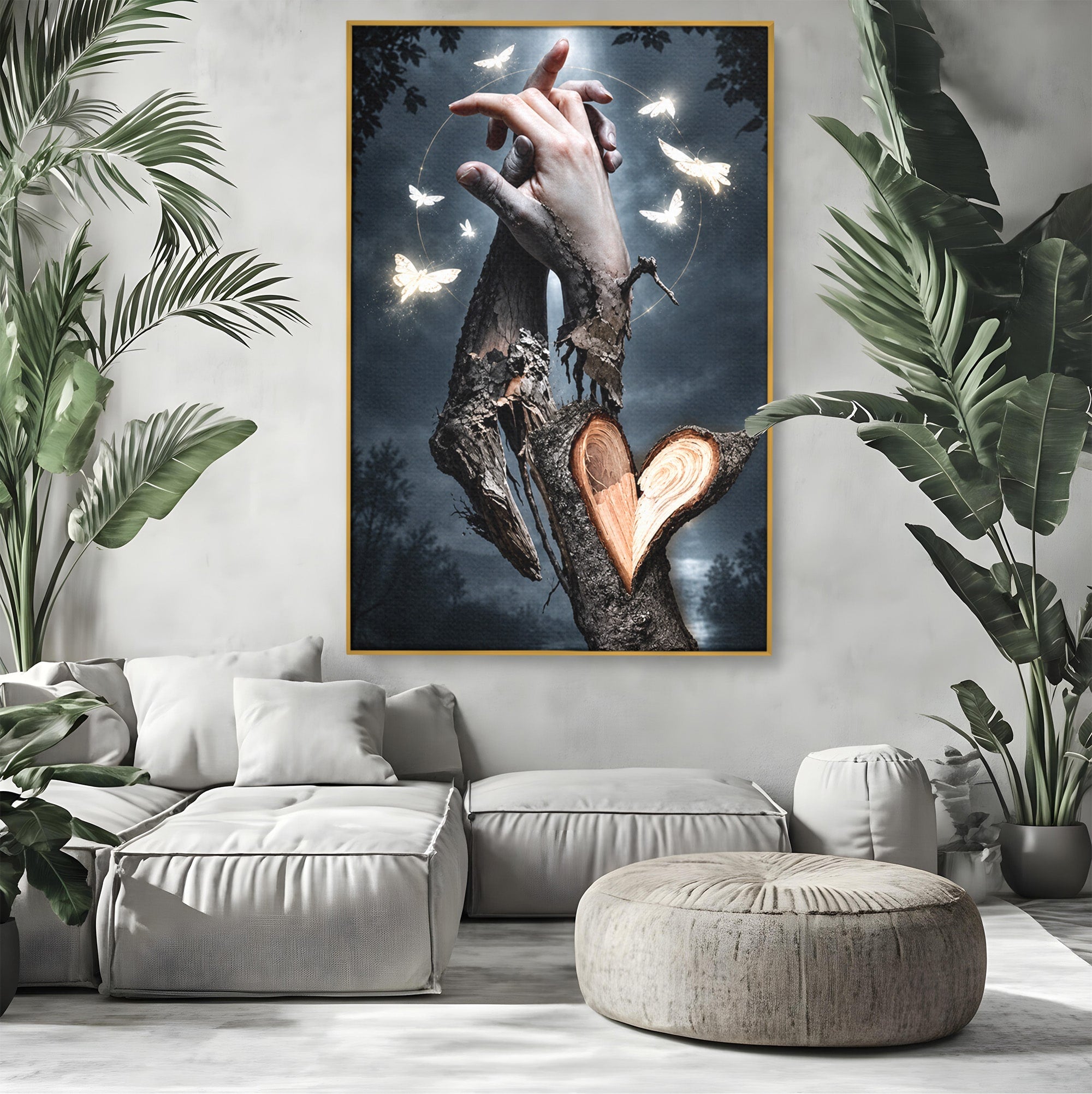 Tablou Canvas Premium LuxCanva® U1002, Imbratisarea Naturii, Maini, Fluturi, Natura, Magie, Living, Culori Vibrante