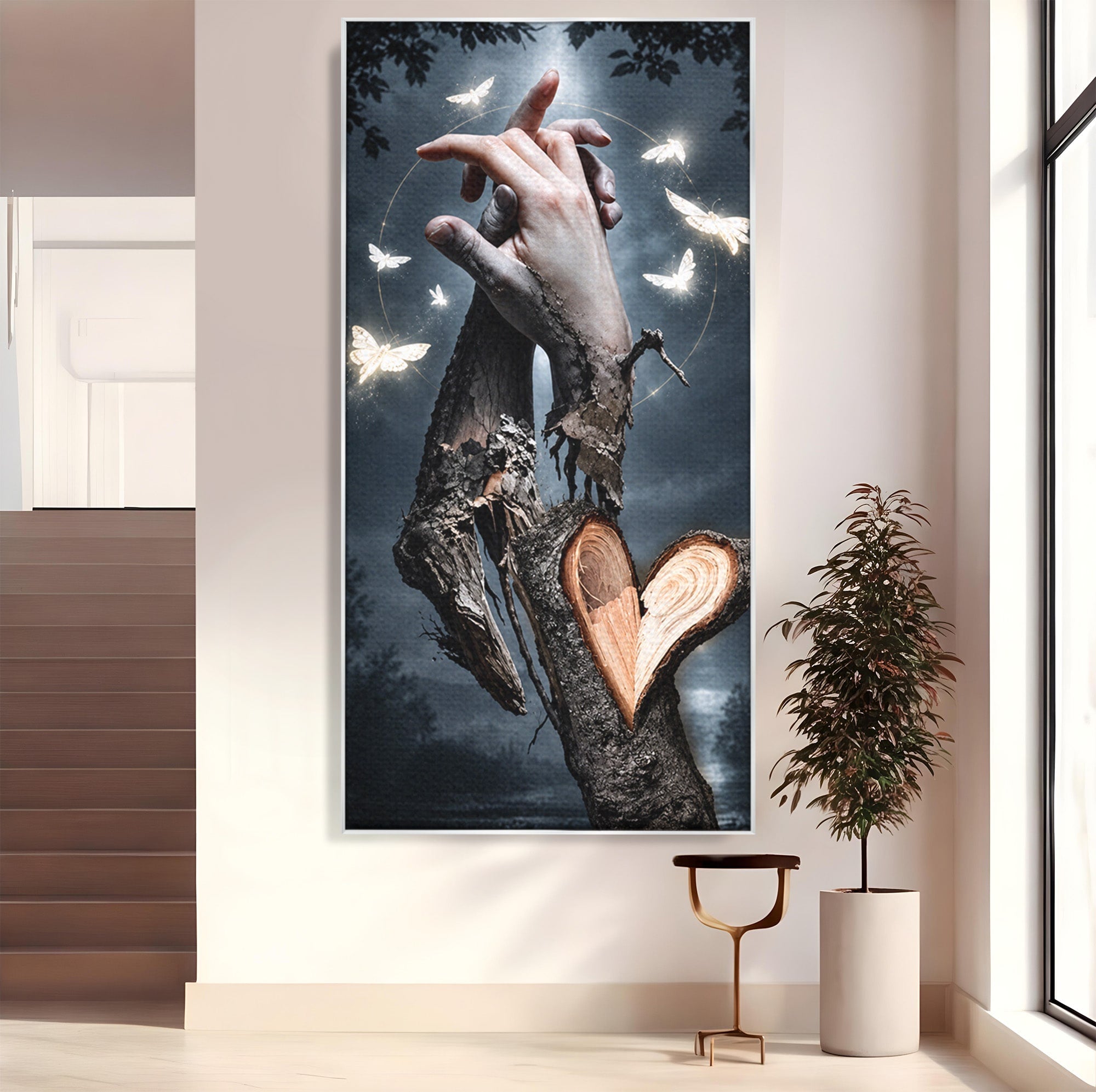Tablou Canvas Premium LuxCanva® U1002, Imbratisarea Naturii, Maini, Fluturi, Natura, Magie, Living, Culori Vibrante