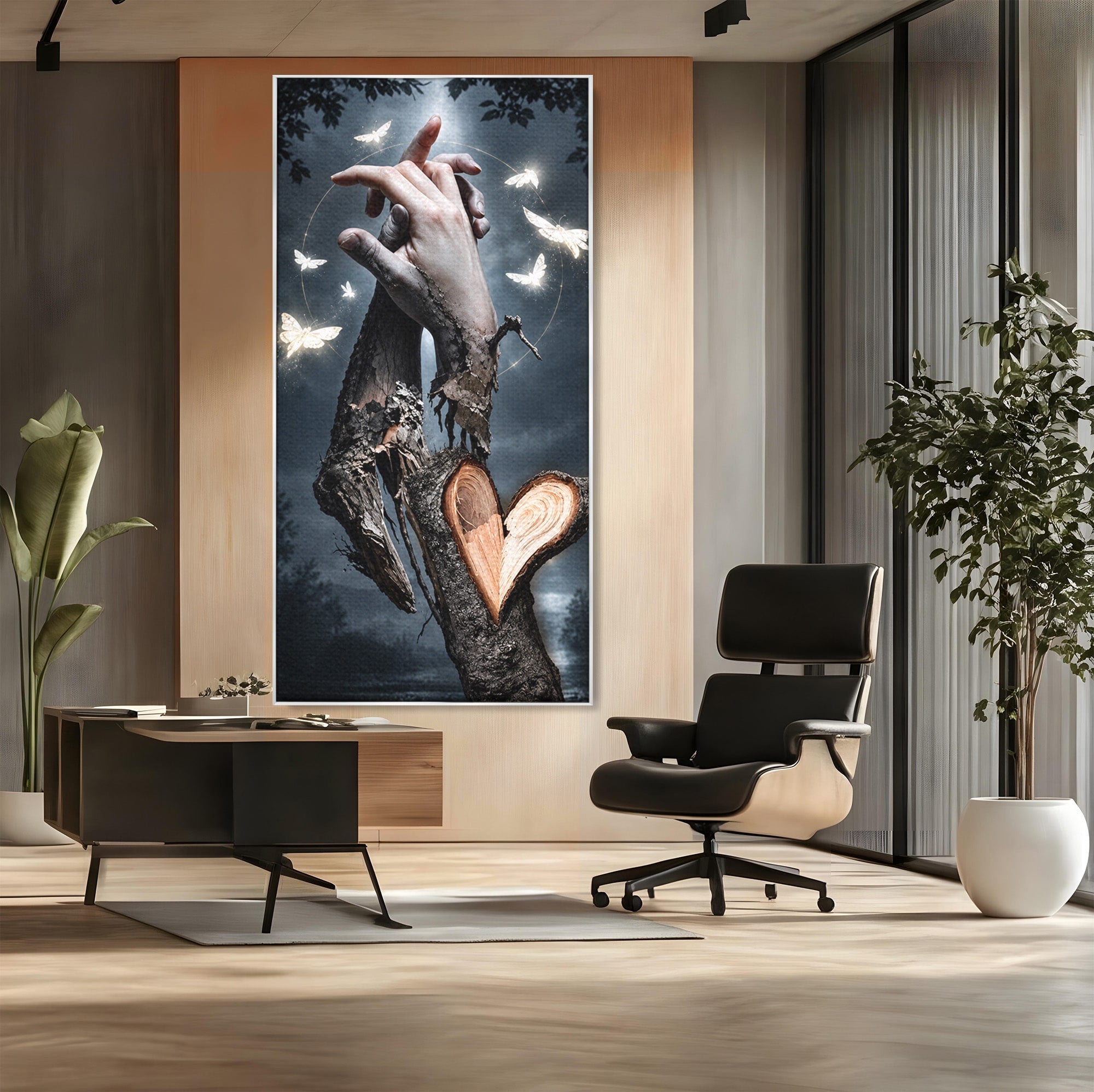 Tablou Canvas Premium LuxCanva® U1002, Imbratisarea Naturii, Maini, Fluturi, Natura, Magie, Living, Culori Vibrante