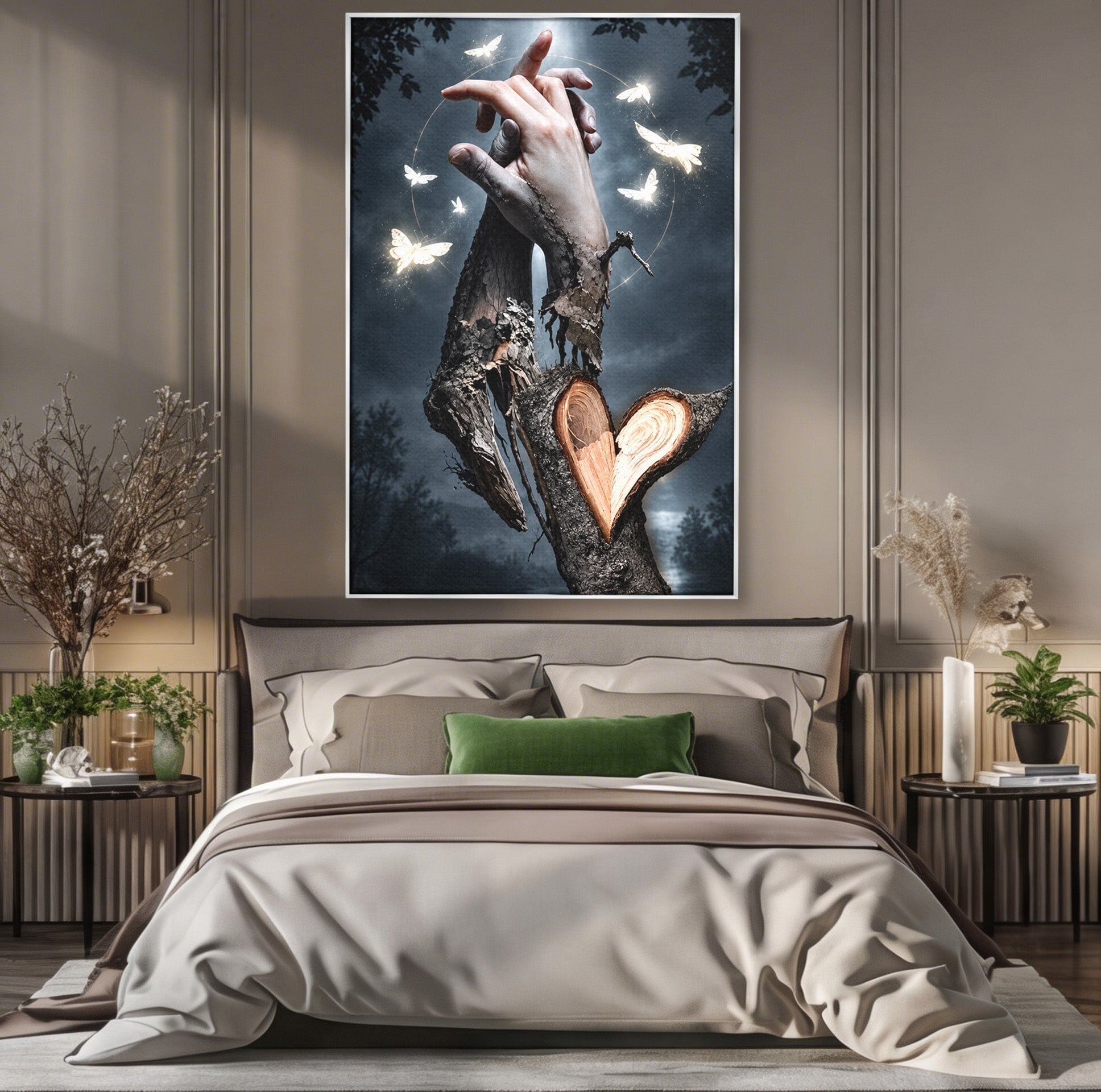 Tablou Canvas Premium LuxCanva® U1002, Imbratisarea Naturii, Maini, Fluturi, Natura, Magie, Living, Culori Vibrante