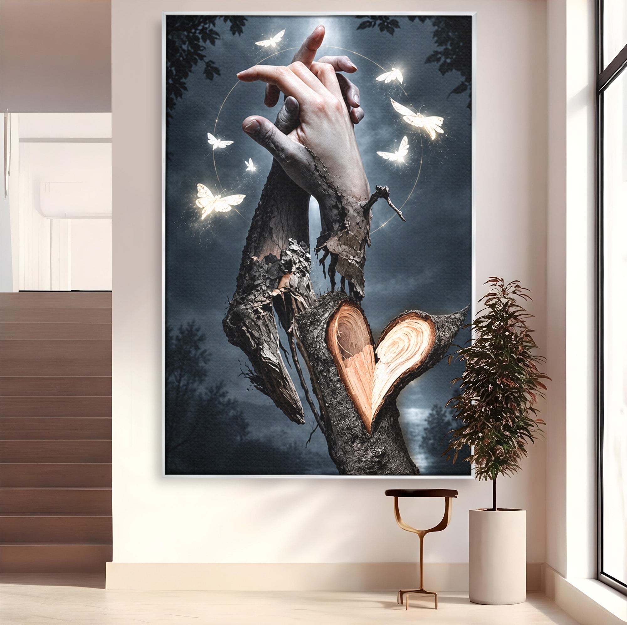 Tablou Canvas Premium LuxCanva® U1002, Imbratisarea Naturii, Maini, Fluturi, Natura, Magie, Living, Culori Vibrante