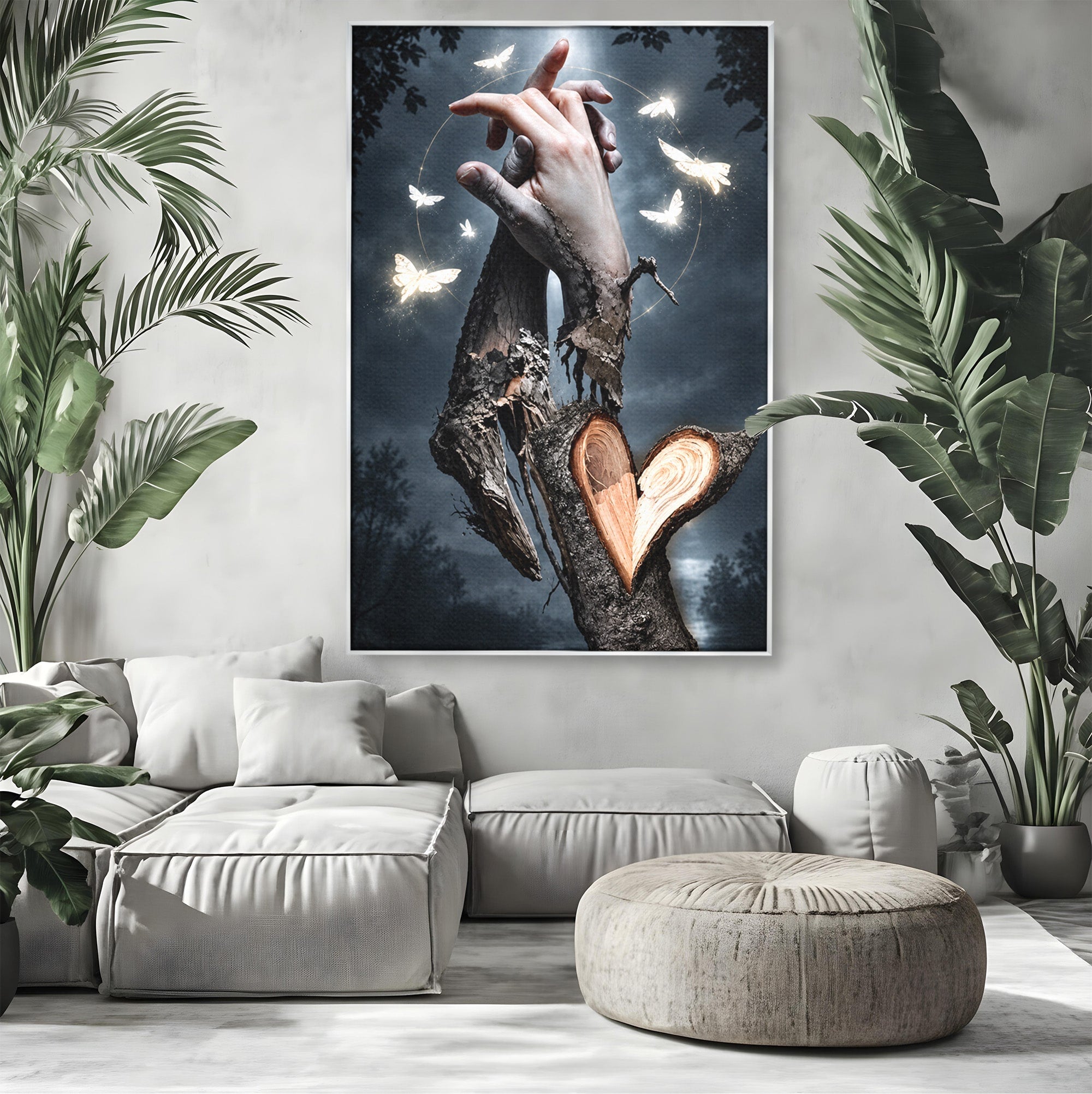 Tablou Canvas Premium LuxCanva® U1002, Imbratisarea Naturii, Maini, Fluturi, Natura, Magie, Living, Culori Vibrante