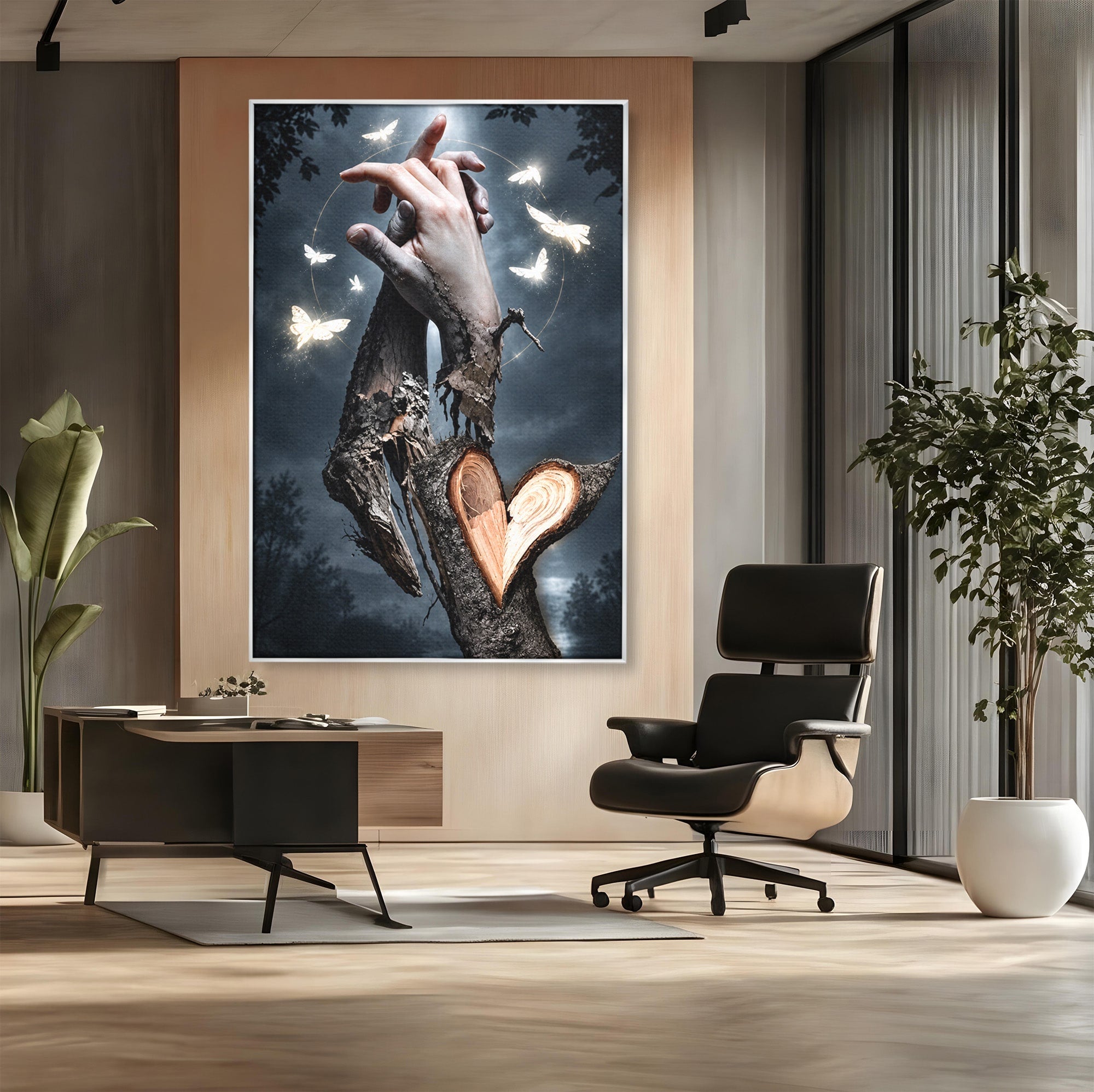 Tablou Canvas Premium LuxCanva® U1002, Imbratisarea Naturii, Maini, Fluturi, Natura, Magie, Living, Culori Vibrante