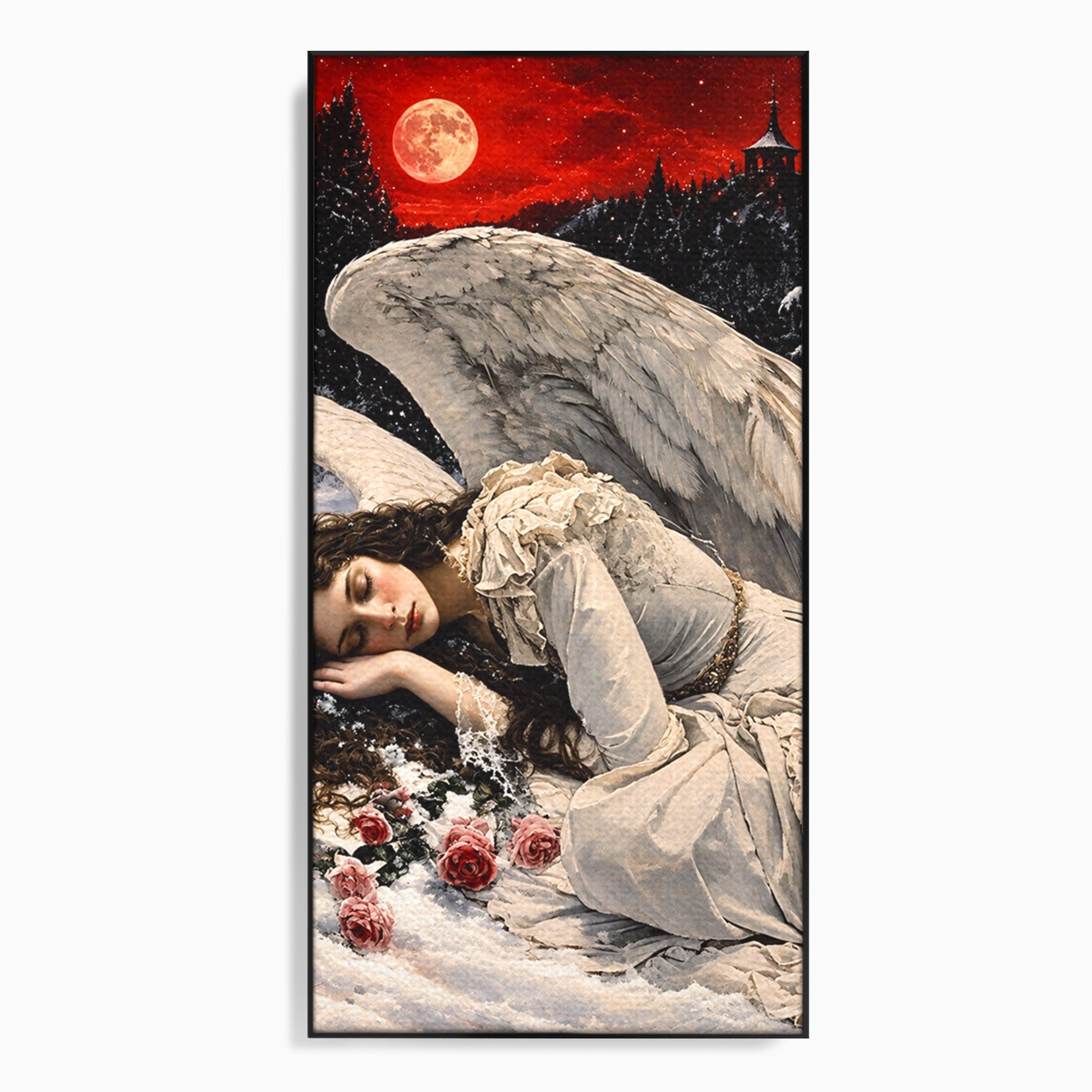 Tablou Canvas Premium LuxCanva® U1006, Ingerul Somnoros, Inger, Iarna, Visare, Noapte, Peisaj, Living, Dormitor, Culori Vibrante