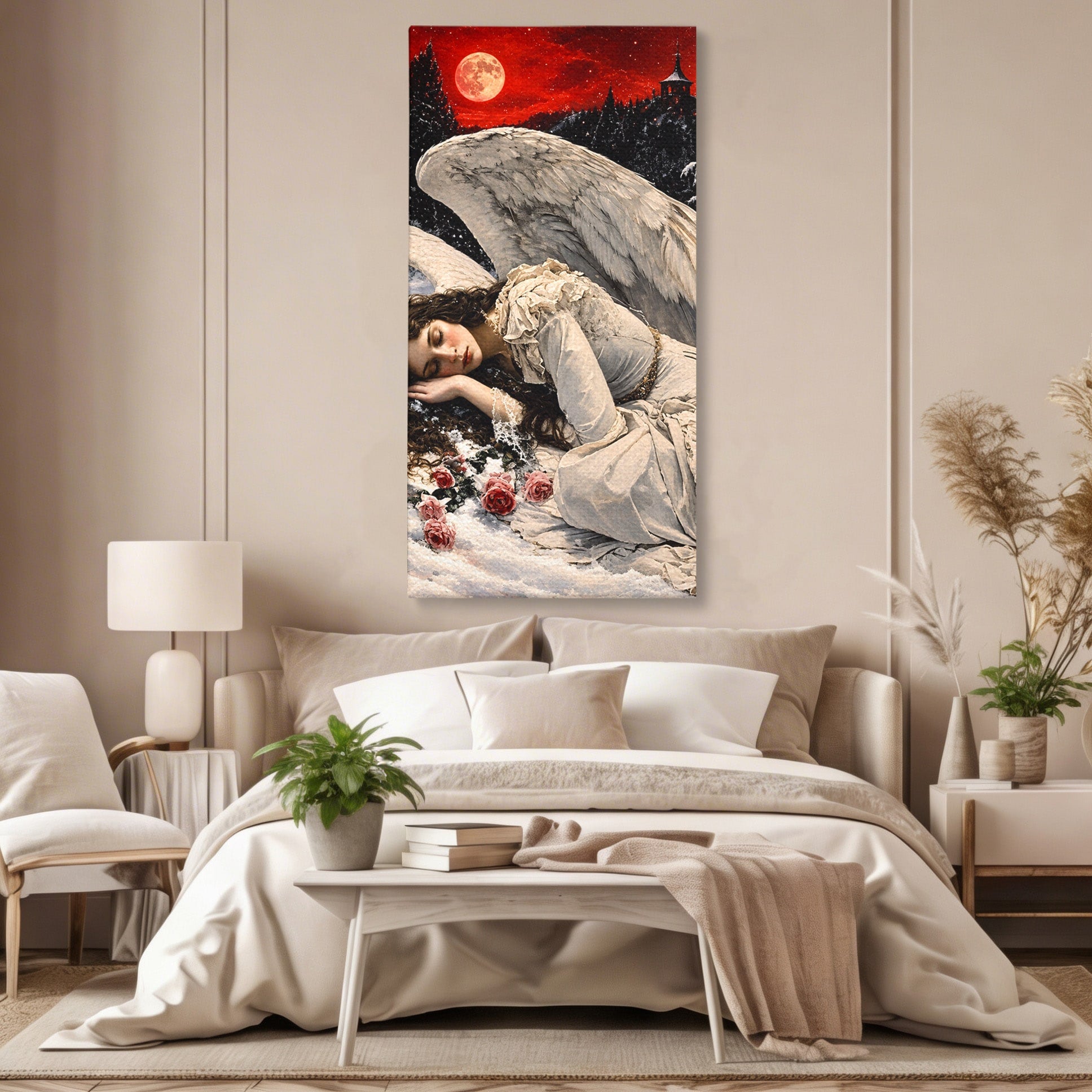 Tablou Canvas Premium LuxCanva® U1006, Ingerul Somnoros, Inger, Iarna, Visare, Noapte, Peisaj, Living, Dormitor, Culori Vibrante