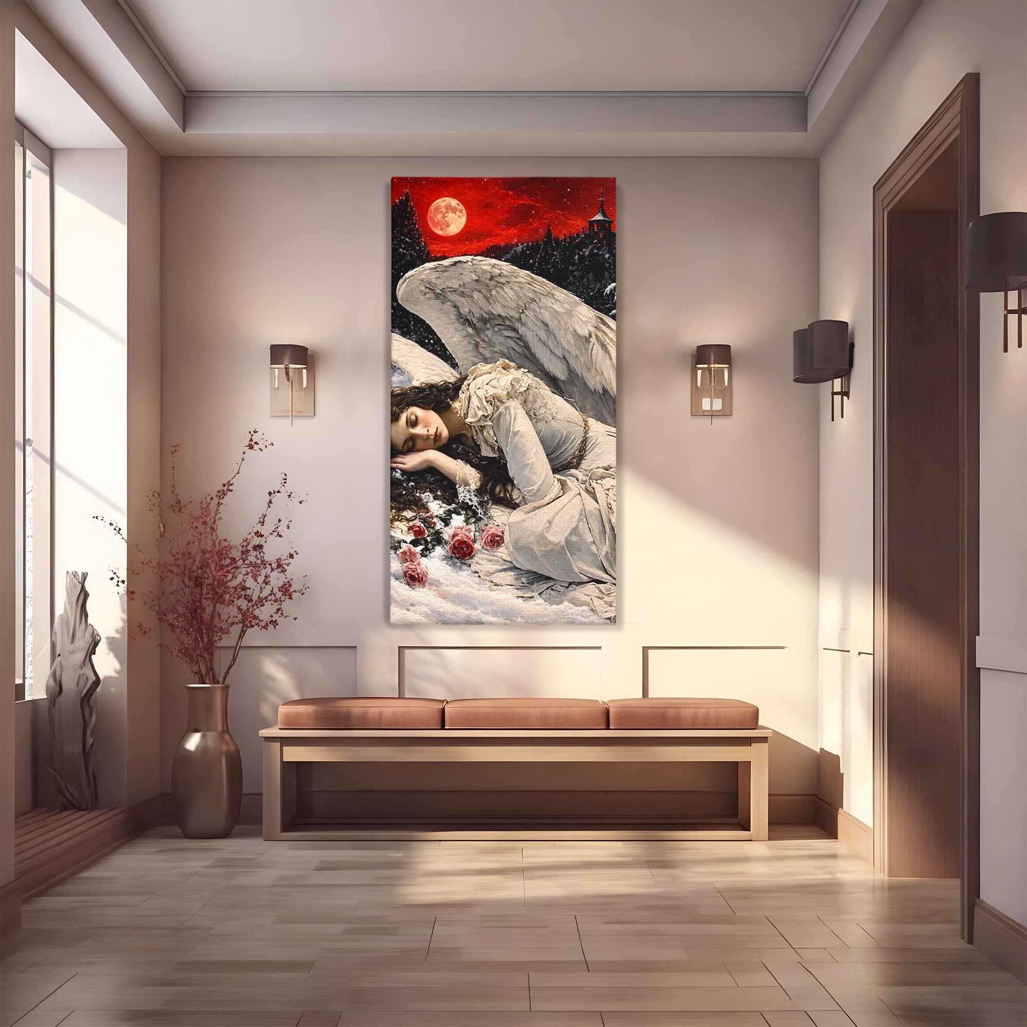 Tablou Canvas Premium LuxCanva® U1006, Ingerul Somnoros, Inger, Iarna, Visare, Noapte, Peisaj, Living, Dormitor, Culori Vibrante