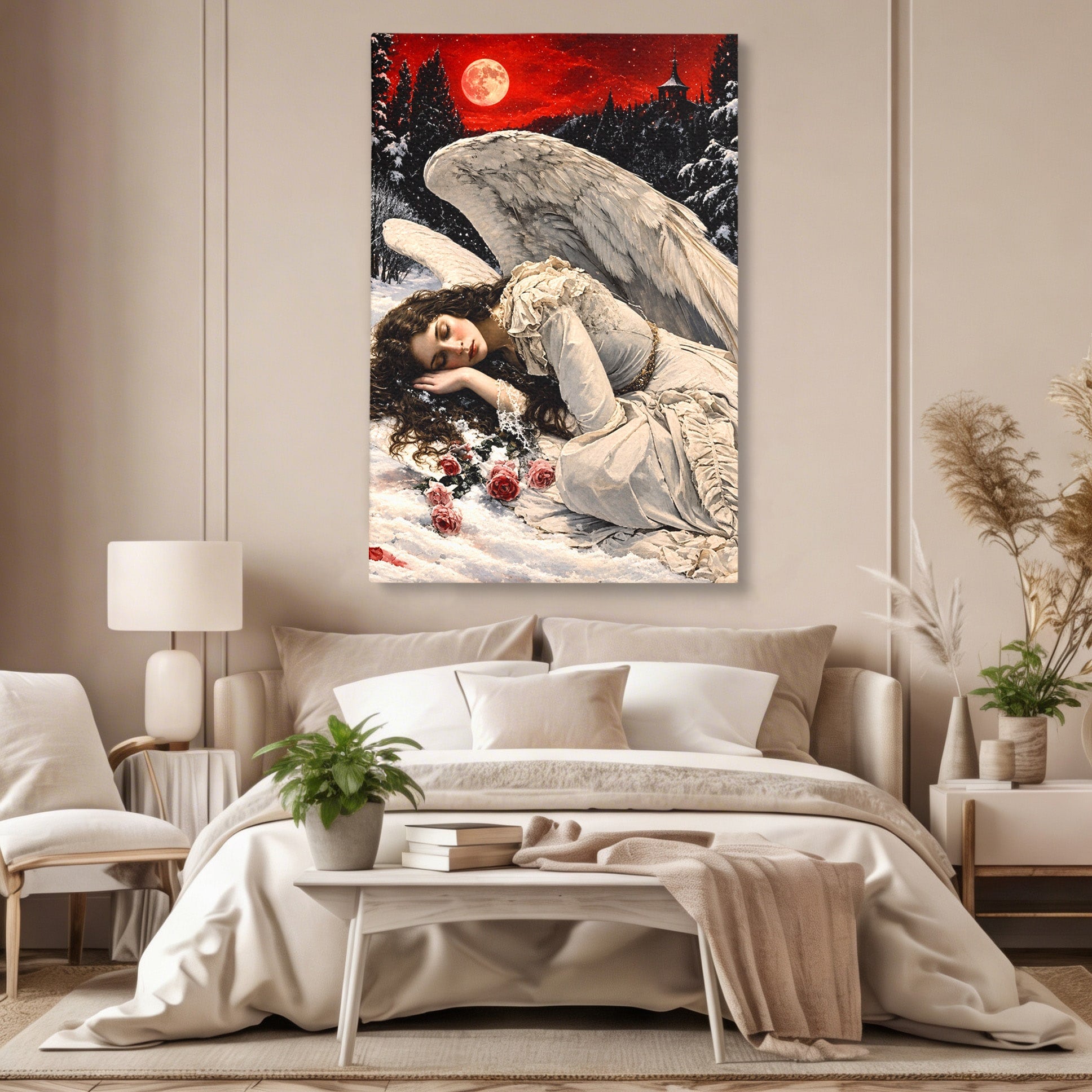 Tablou Canvas Premium LuxCanva® U1006, Ingerul Somnoros, Inger, Iarna, Visare, Noapte, Peisaj, Living, Dormitor, Culori Vibrante