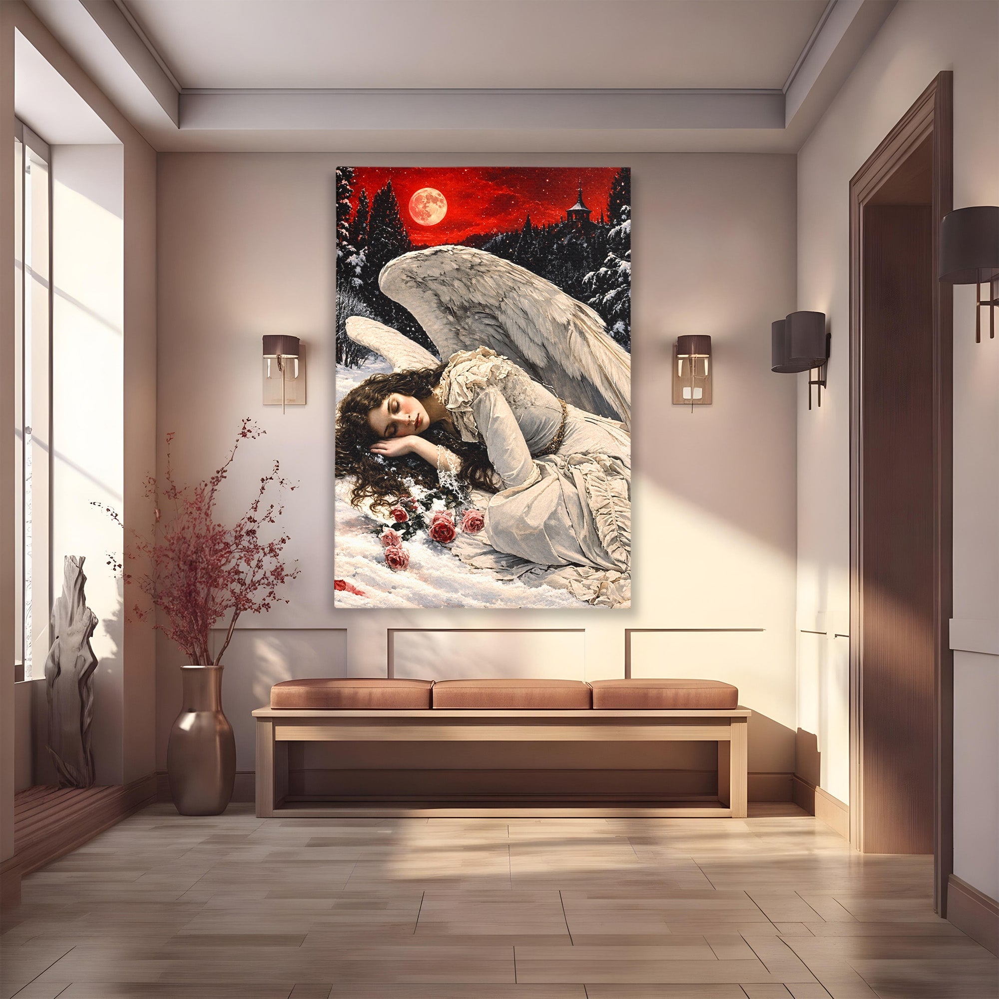 Tablou Canvas Premium LuxCanva® U1006, Ingerul Somnoros, Inger, Iarna, Visare, Noapte, Peisaj, Living, Dormitor, Culori Vibrante