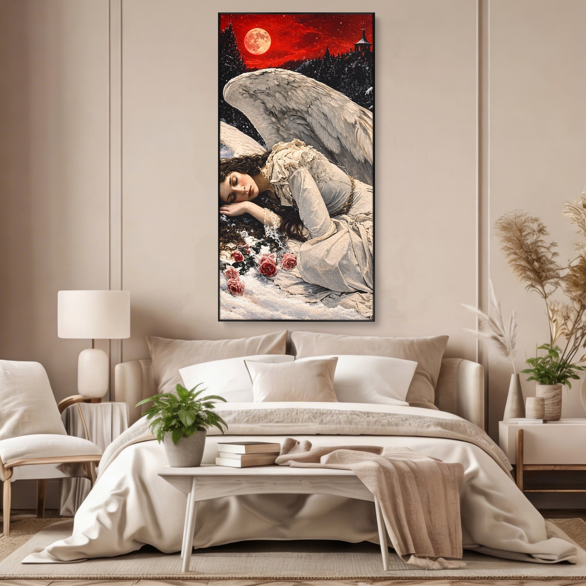 Tablou Canvas Premium LuxCanva® U1006, Ingerul Somnoros, Inger, Iarna, Visare, Noapte, Peisaj, Living, Dormitor, Culori Vibrante